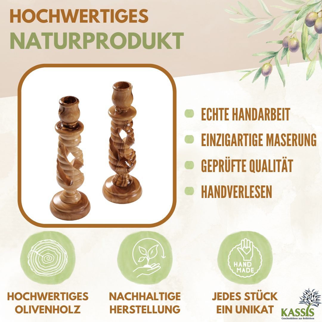 Kassis Geschenkartikel Kerzenständer aus Olivenholz Kerzenhalter Deko modern 15,50 cm, handgefertigt in Bethlehem, aus Olivenholz, Naturprodukt