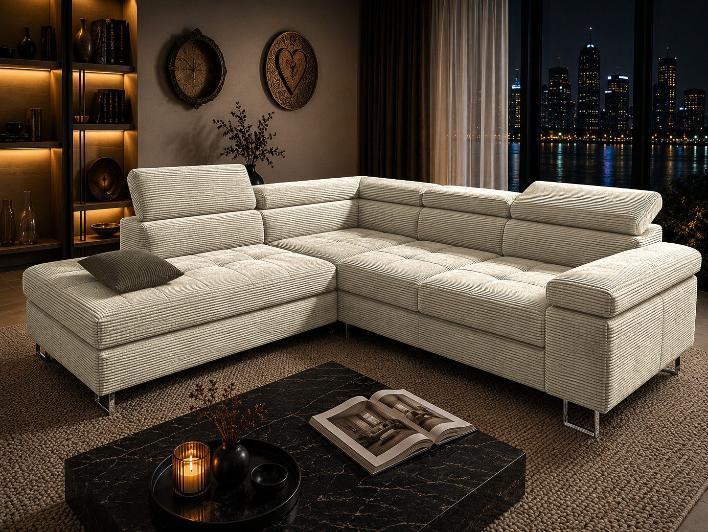 Goldstoff Ecksofa mit Schlaffunktion, Cord Couch für Wohnzimmer - Cord Ecksofa, Cord Sofa VOYAGE 2 Teile, Großer Bettkasten