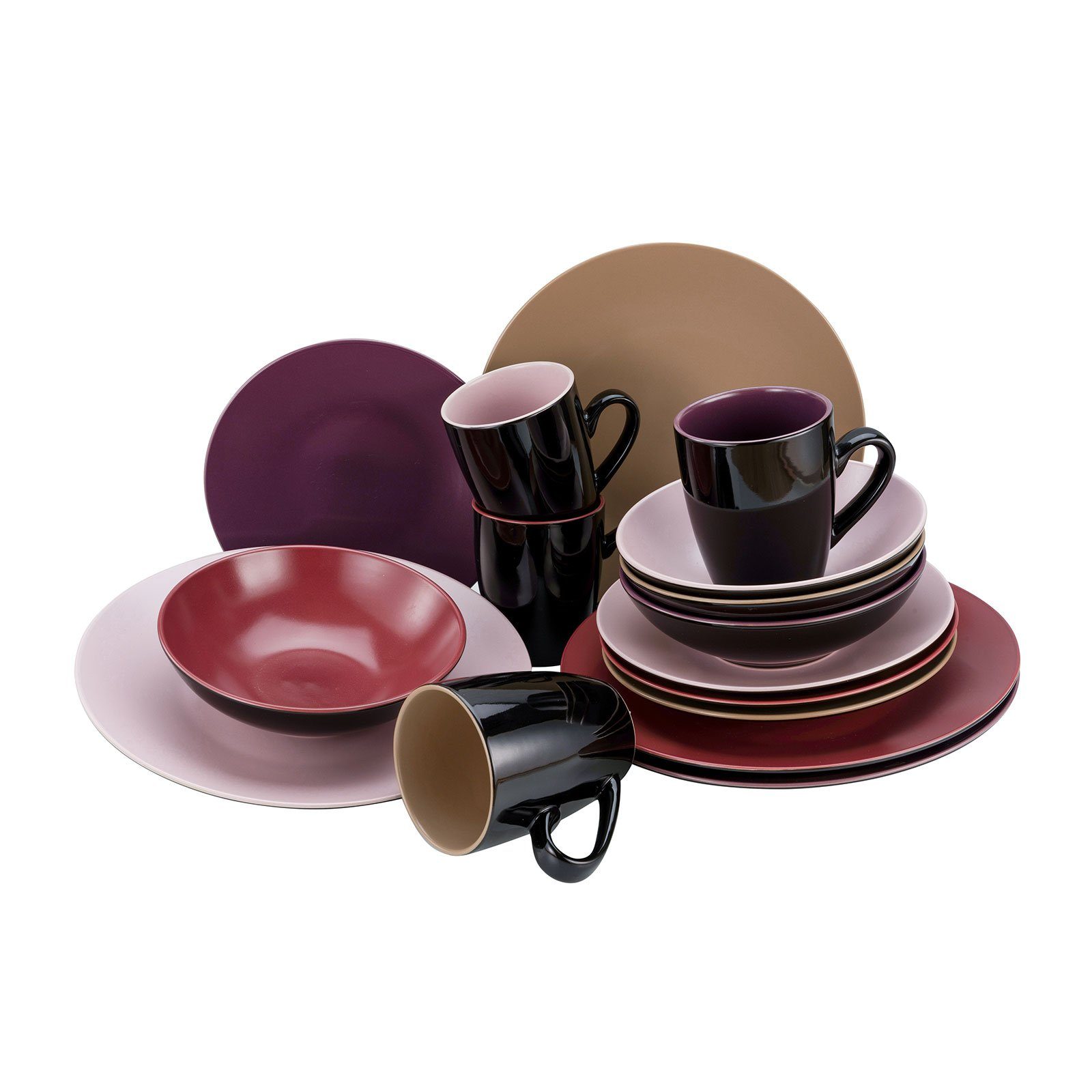 CreaTable 4 Very Berry Personen, Teile, für Glasur, 4 in glänzend Geschirr-Set Steinzeug, Kombiservice Personen, tiefschwarz Beerenfarben, (16-tlg), Service, 16 Unterseite seidenmatte