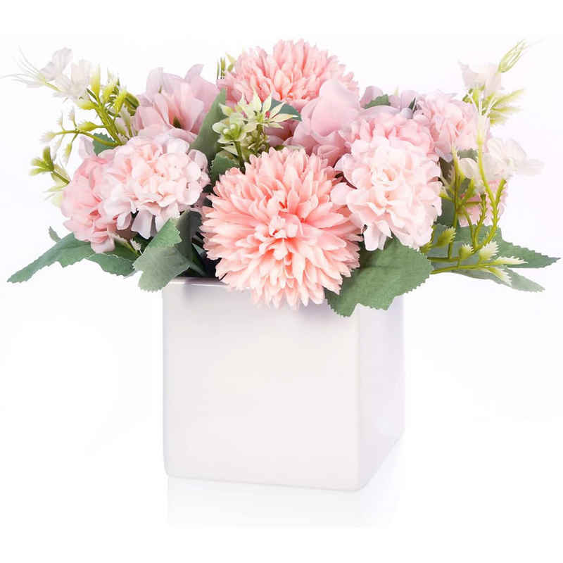 Künstliche Zimmerpflanze Künstliche Blumen mit Keramik Vase Rosa Seidenblumen Falsche Hortensie, HIBNOPN