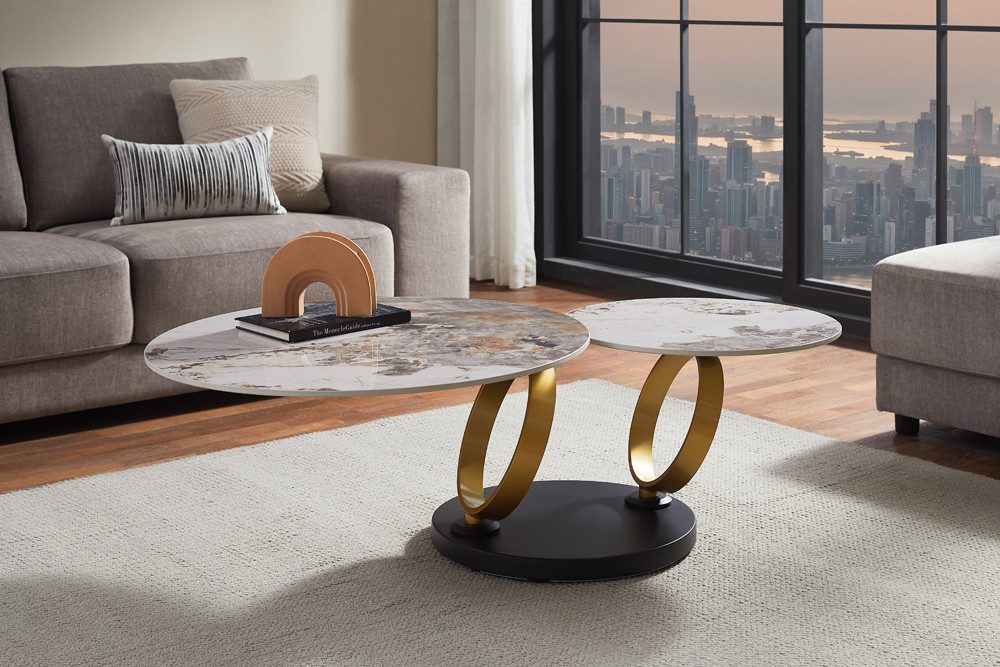 riess-ambiente Couchtisch DANCING RINGS 80cm weiß/braun - Keramik, Naturstein, rund, drehbar (Einzelartikel, 1-St), Ausgefallener Beistelltisch