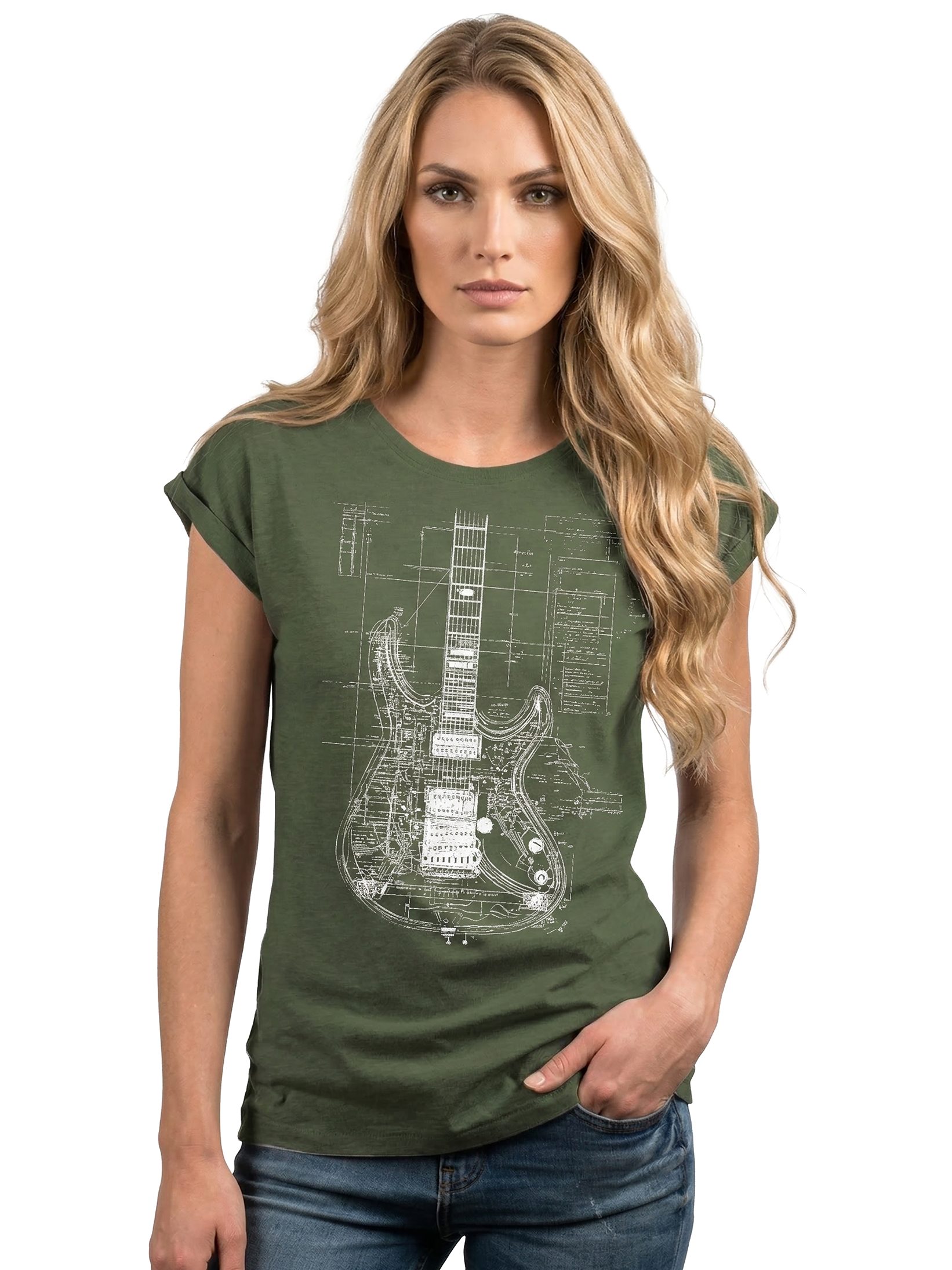 MAKAYA Print-Shirt Damen Gitarrenmotiv Gitarre Festival Outfit Rock Kurzarm Top (Schwarz, Blau, Grau, Grün, 34, 36, 38, 40, 42, 44, 46, 48, 50) große Größen