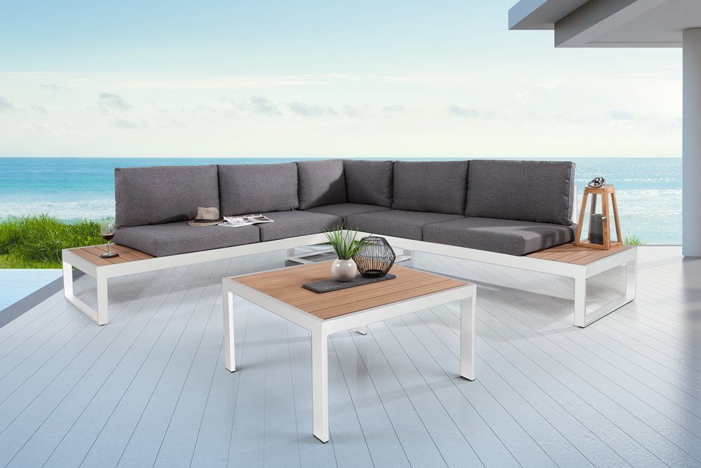 riess-ambiente Sitzgruppe PALM BEACH LOUNGE 247cm weiß / natur, (4-tlg),  Garten · Gartenmöbelset · inkl. Tisch und Kissen