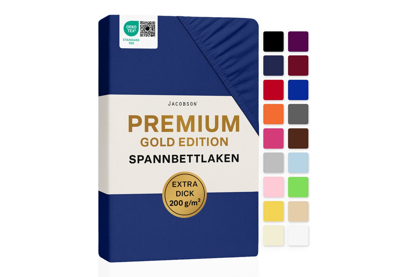 Jacobson Spannbettlaken PREMIUM 200 g/m² Jersey aus 97% Baumwolle & 3% Elasthan, Extra dichtes Bettlaken mit maximalem Halt