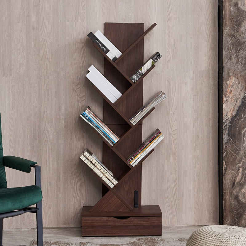 LBF Bücherregal »Bücherregal-4«, Standregal Baumform mit 7 offenen Regalebenen mit Schublade