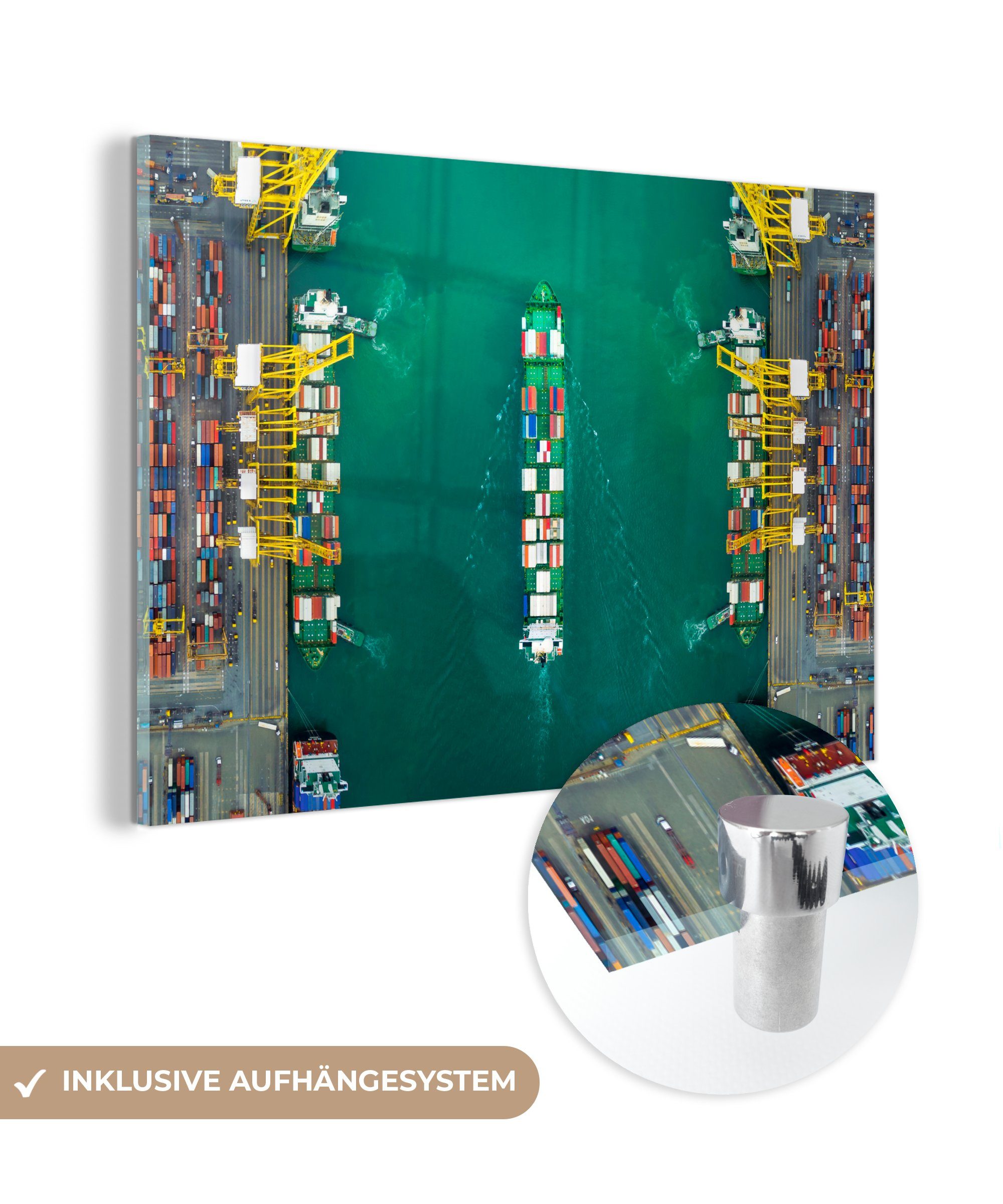 MuchoWow Acrylglasbild Luftaufnahme eines Frachtschiffs in einem Hafen, (1 St), Acrylglasbilder Wohnzimmer & Schlafzimmer