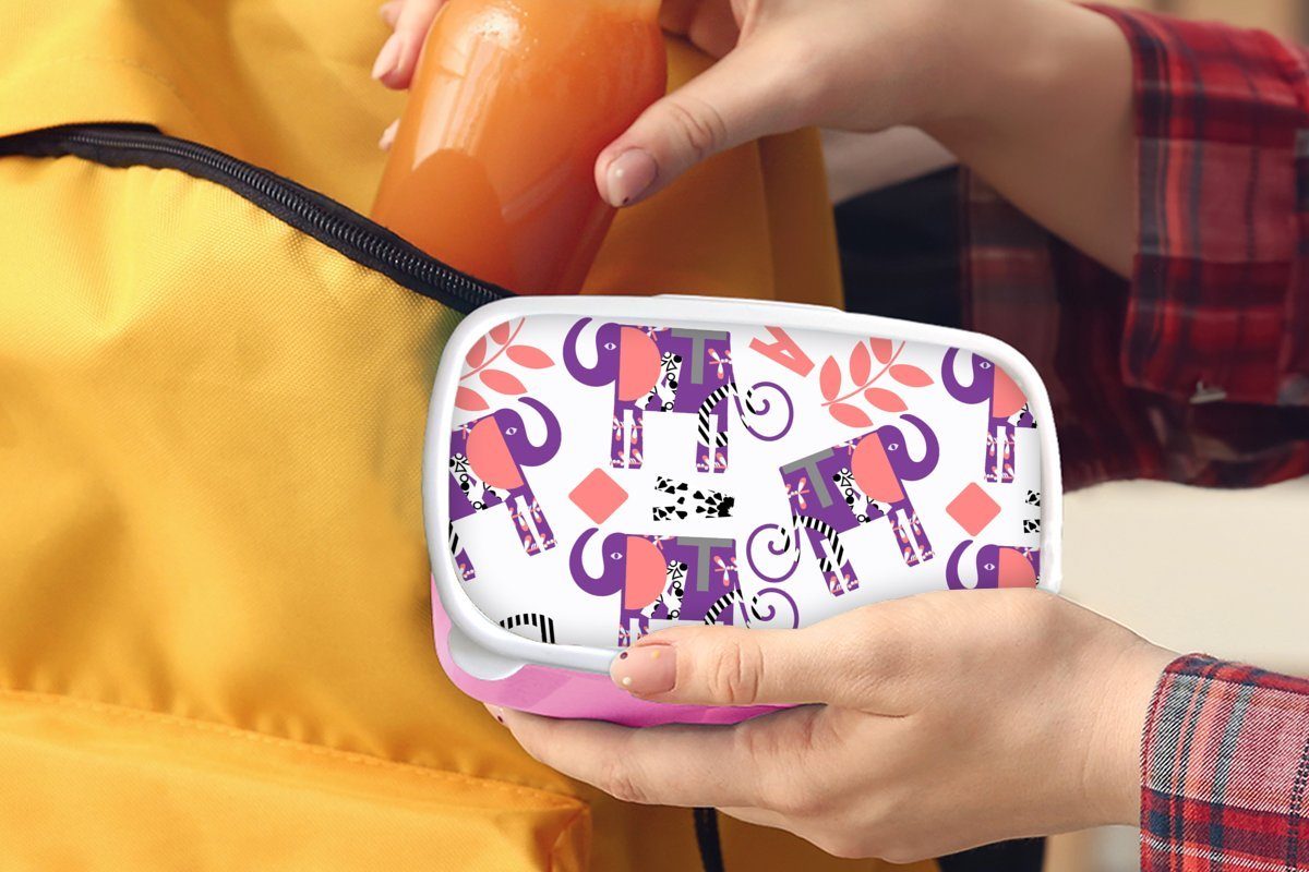 Erwachsene, Kunststoff, Lunchbox - Brotdose Brotbox Muster, MuchoWow Snackbox, (2-tlg), - - Kunststoff Elefanten für Mädchen, Kinder, Blätter rosa Lila