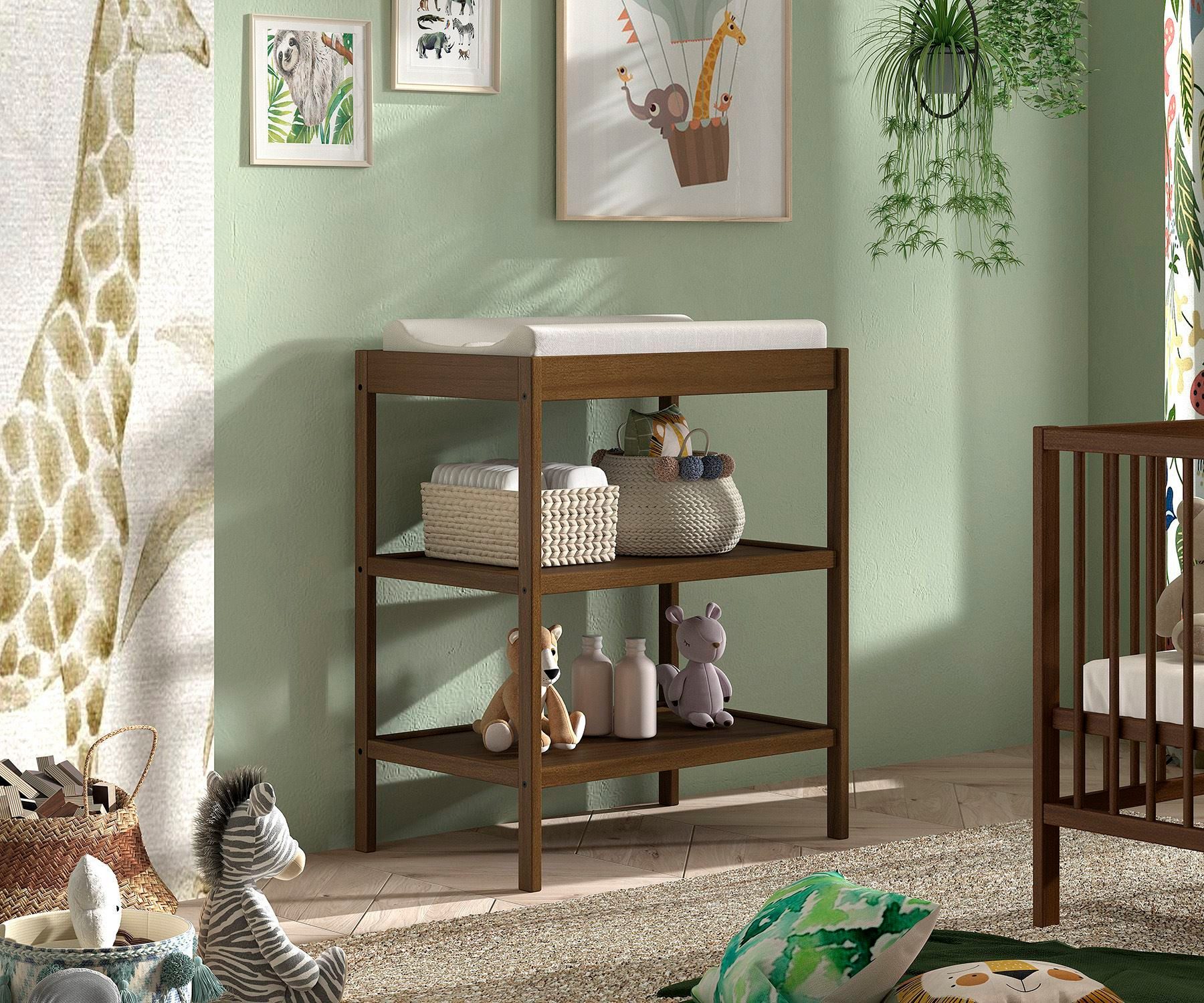 58 aufm Kessel Wickelkommode Wickelregal Keira mit 2 Fächern und Wickelfläche Buche massiv nussbaum, 2-in-1 Wickeltisch und Regal