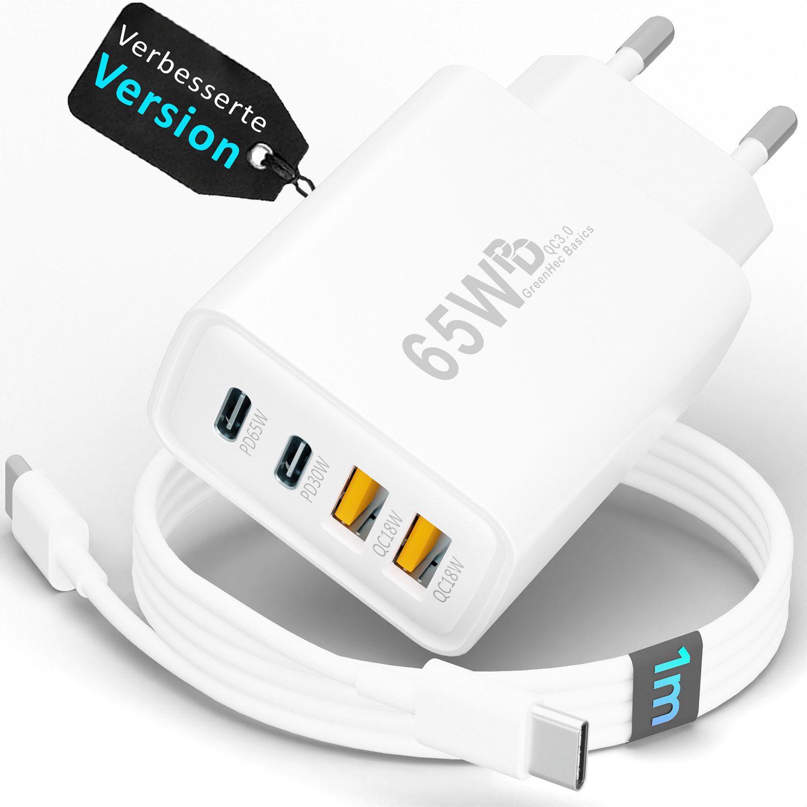 GreenHec 65w USB-C Ladegerät 4-Port Mehrfach Schnellladegerät USB-A Netzteil Schnelllade-Gerät (50 mA, Spar-Set, Universelle Kompatibilität, + Ladekabel Fast Charger Adapter Macbook Ladestation Type C + A Port)