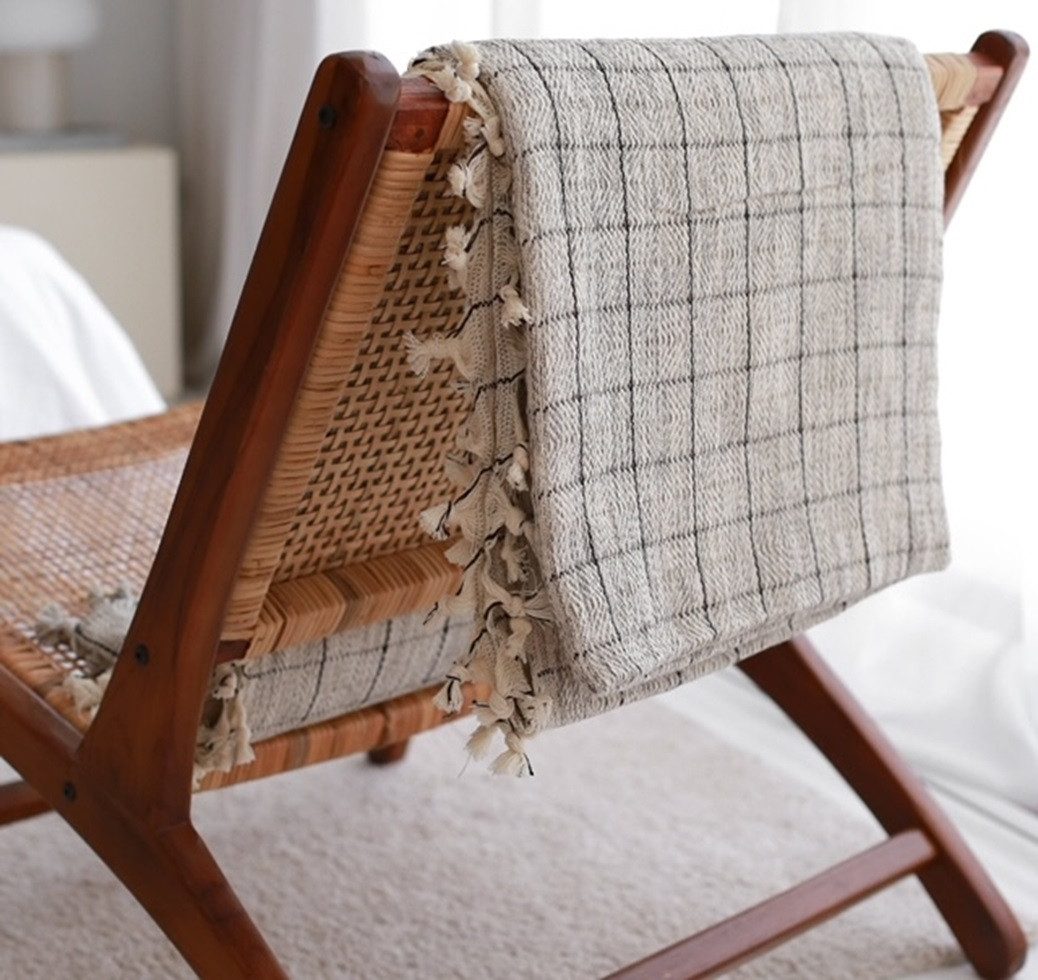 Plaid Plaid Grau mit Schwarzen Streifen Biobaumwolle 170cmx200cm, Sandiik, handgwebte Kuscheldecke