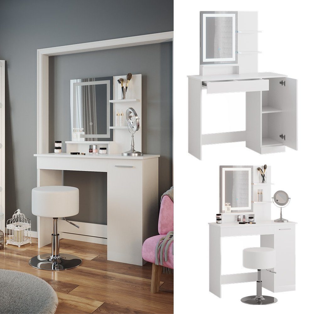 Vicco Schminktisch Julia, Weiß, 90 cm mit LED-Spiegel und Hocker günstig online kaufen