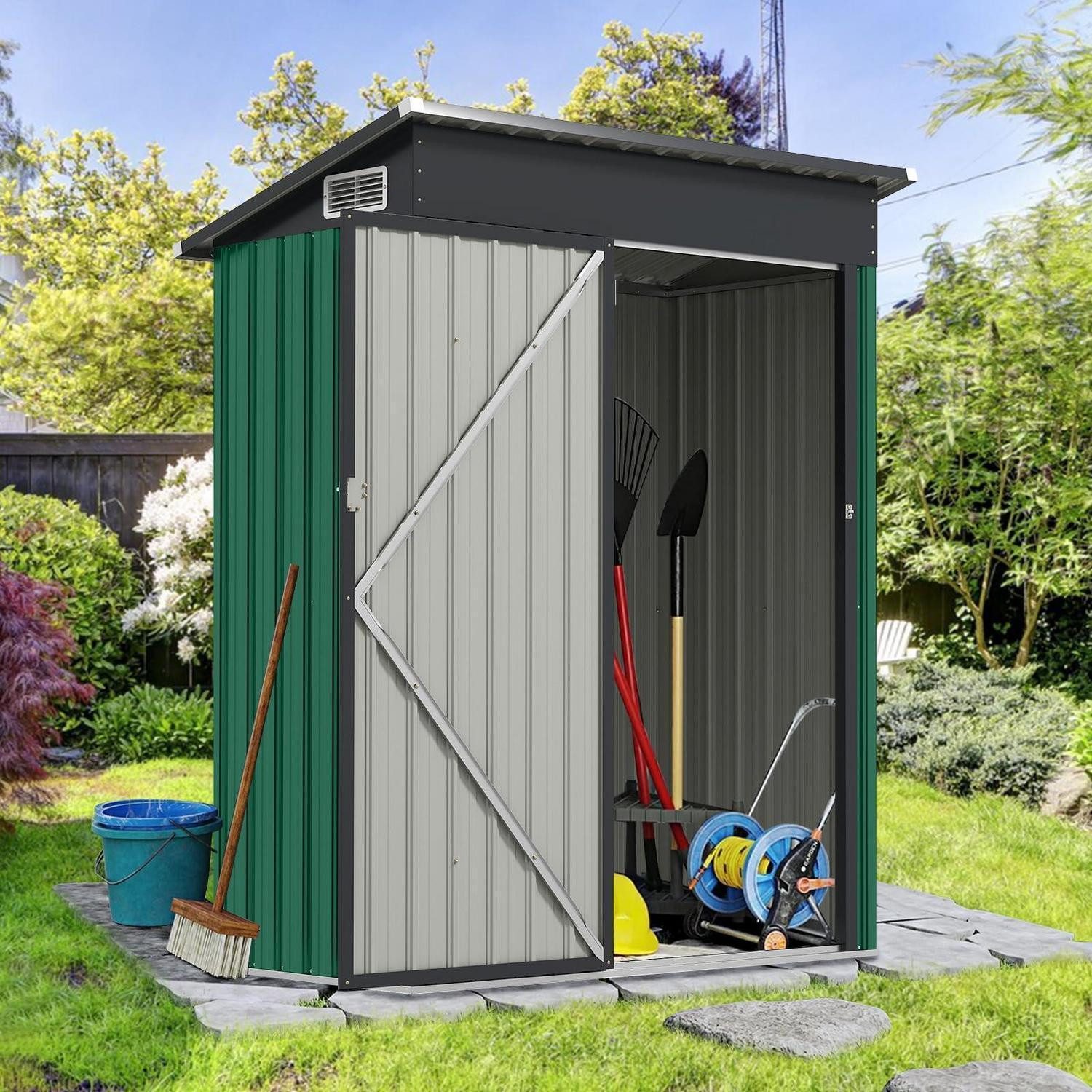 LuxusKollektion Gerätehaus Gartenhaus Metall Pultdach Grün 150x88x185cm