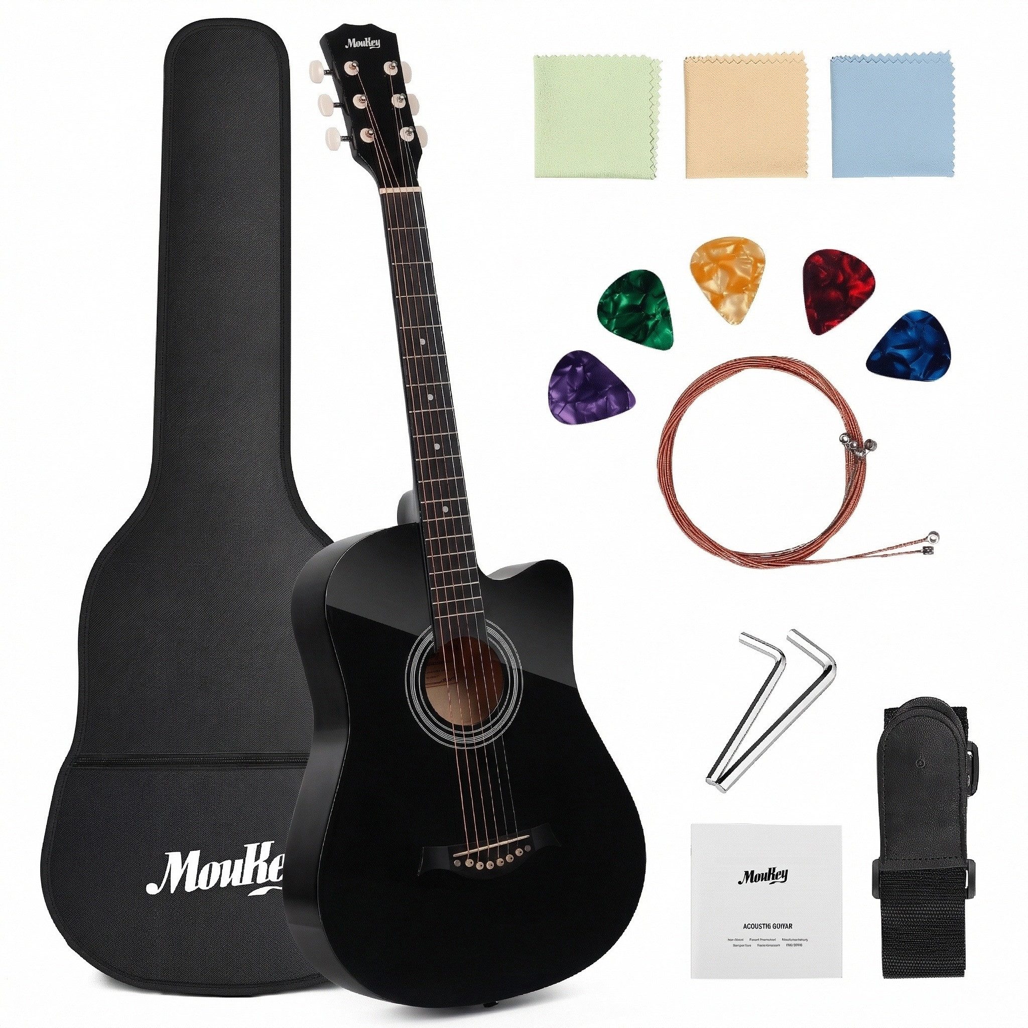 Moukey Akustikgitarre 38 Zoll für Anfänger, komplettes Gitarren Set mit Tasche, Plektren, Dreadnought, Tragetasche, Plektren, Ersatzsaiten, Gurt, Leicht und tragbar