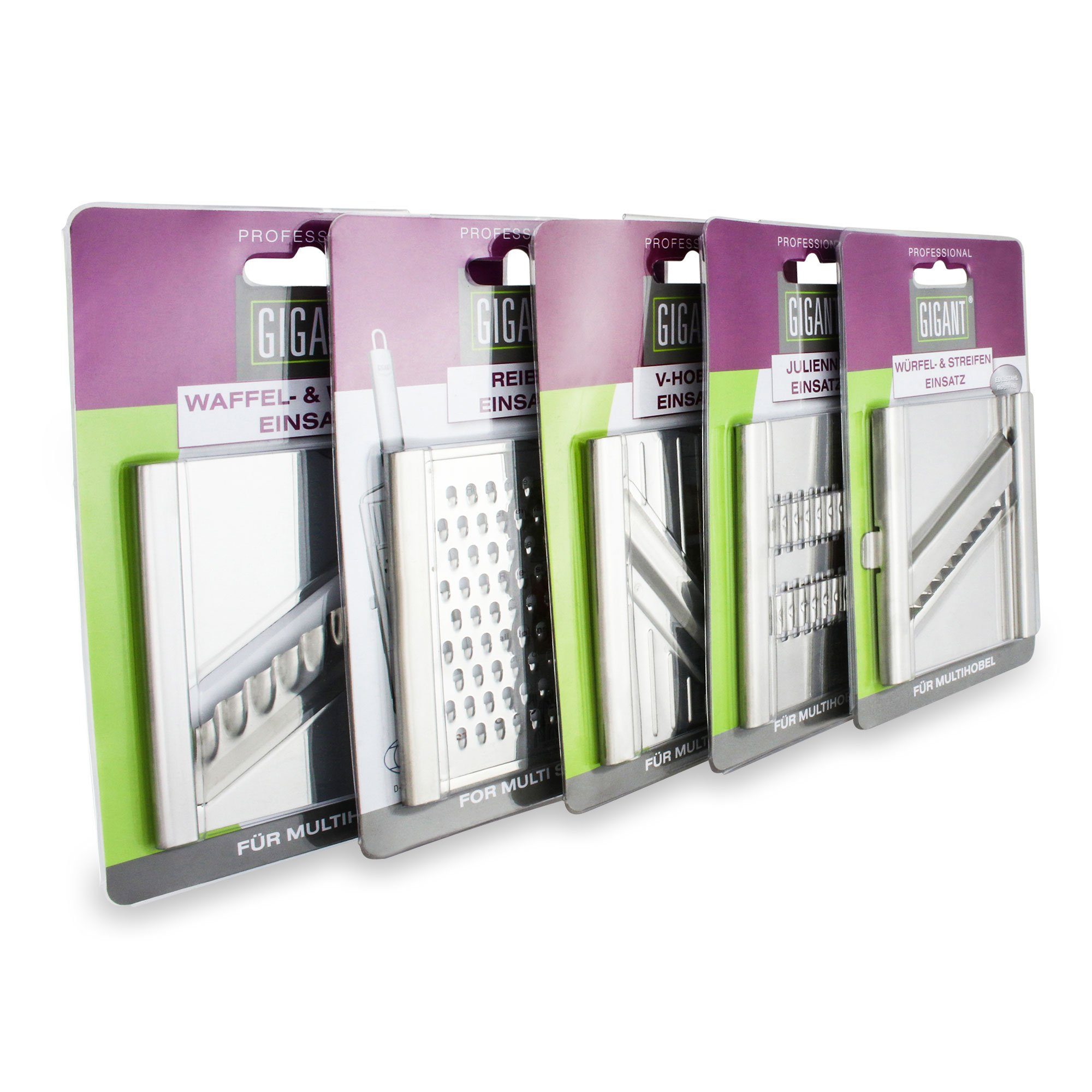 Gemüsehobel Gigant 4-fach Gemüsehobel mit Multi-Box 5 zusätzli, Edelstahl, (Hobelset, 10-St., 4-fach Hobel mit 5 zusätzlichen Reibe- und Schneideeinsätzen, Sparschäler), Zackenklinge schneidet in beide Richtungen