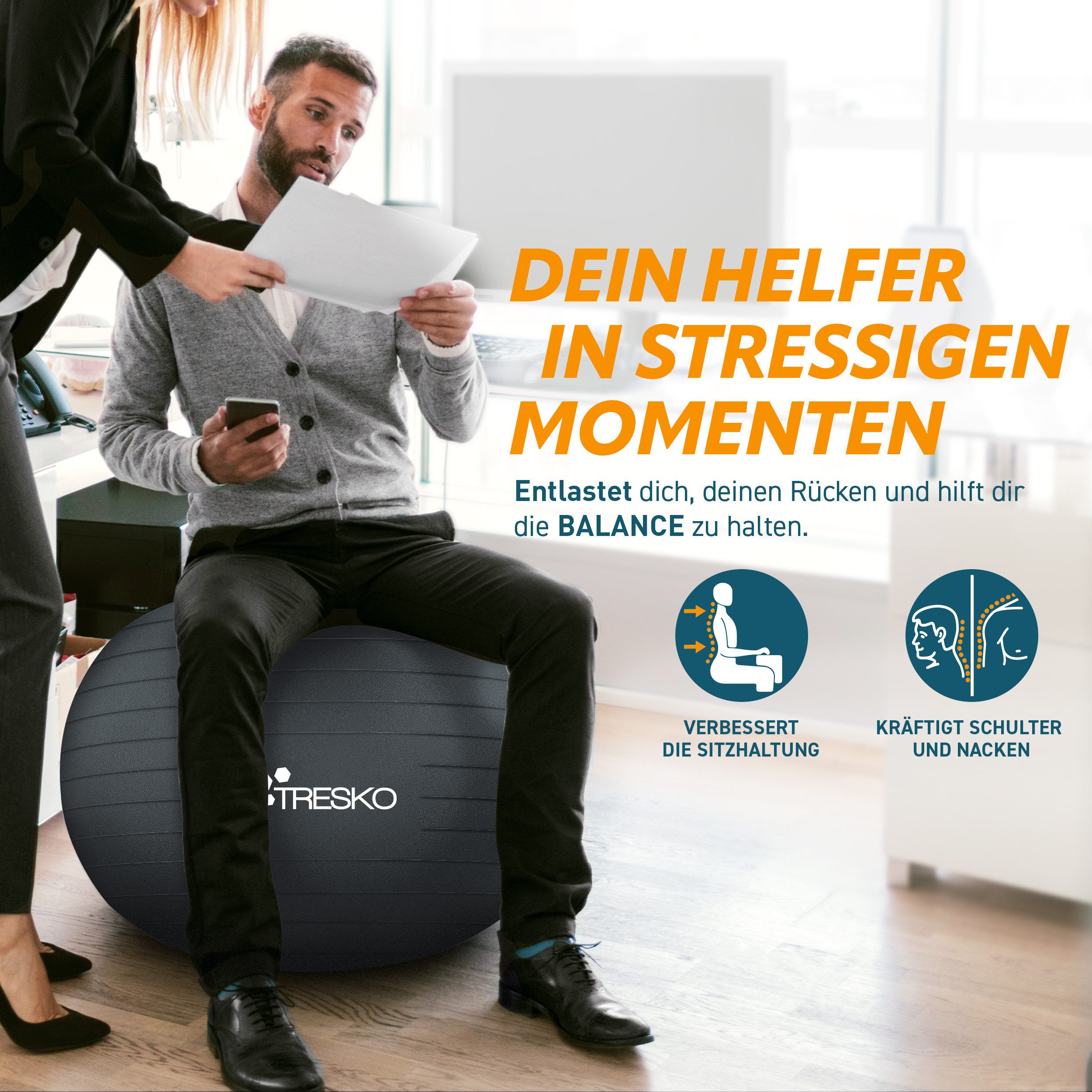 TRESKO Gymnastikball mit GRATIS Übungsposter inkl. Luftpumpe Yogaball, BPA-Frei Sitzball Büro Anti-Burst inkl. Luftpumpe, Fitnessball