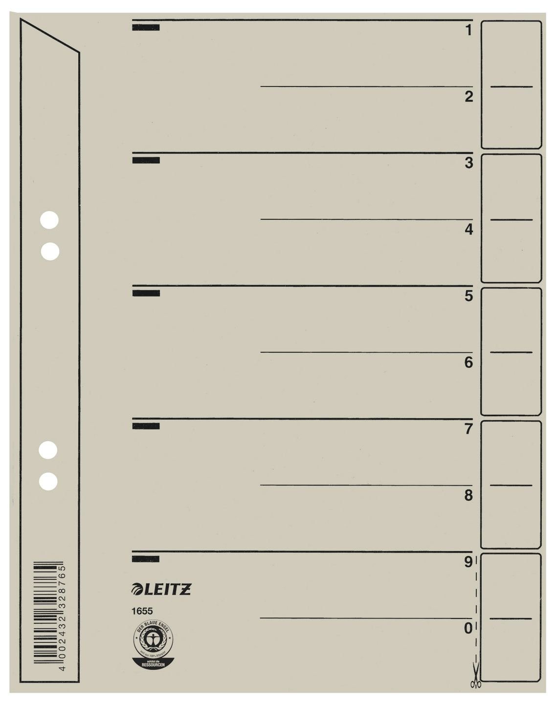 LEITZ Stiftmine 1654 Trennblätter - Lochung geöst, Überbreite, A4, grau,  100 Stück