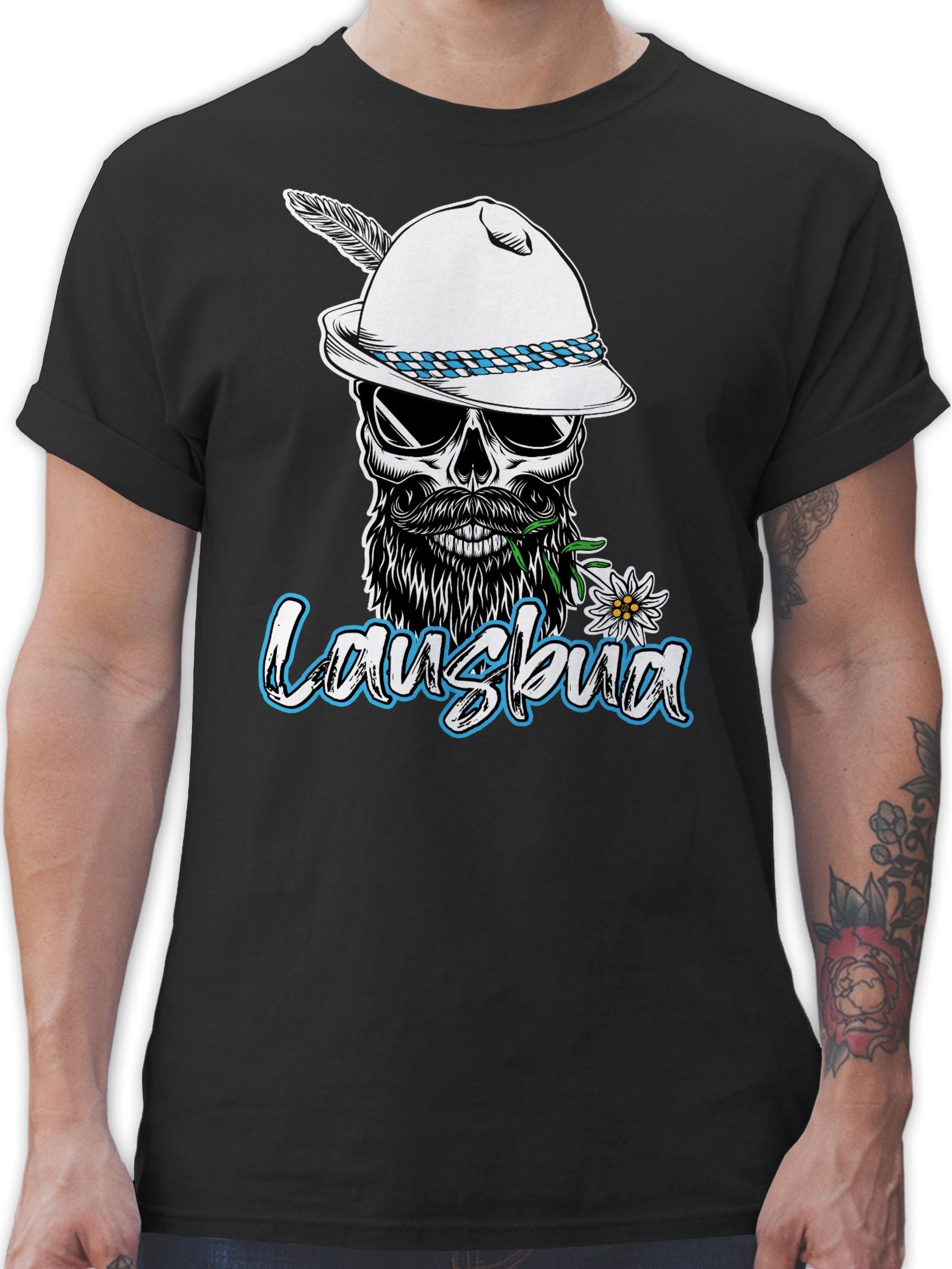 Shirtracer T-Shirt Lausbua Totenkopf Skull Bayrisch Lausbub Schlingel Mode für Oktoberfest Herren 01 Schwarz