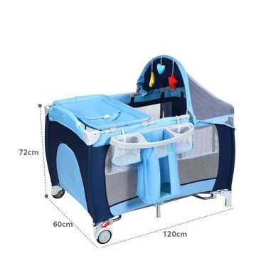 COSTWAY Baby-Reisebett 4 in 1 Kinderbett, klappbar, mit Matratze & 2 Rollen