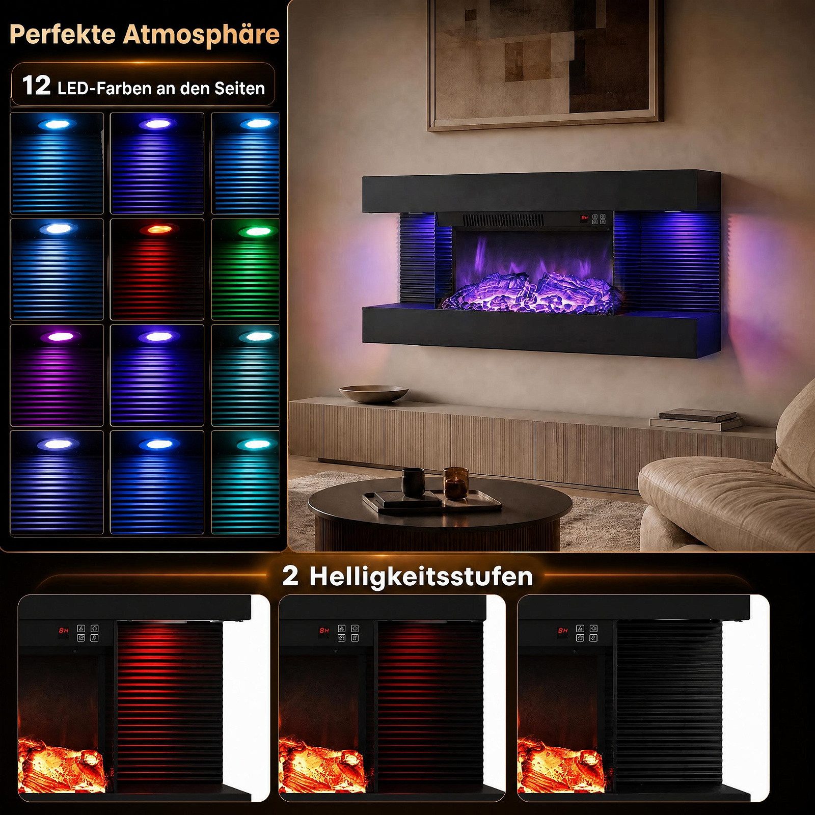 COSTWAY Elektrokamin Wandkamin mit LED-Seitenlichtern, 3D-Flammeneffekt – Bild 3 von 5