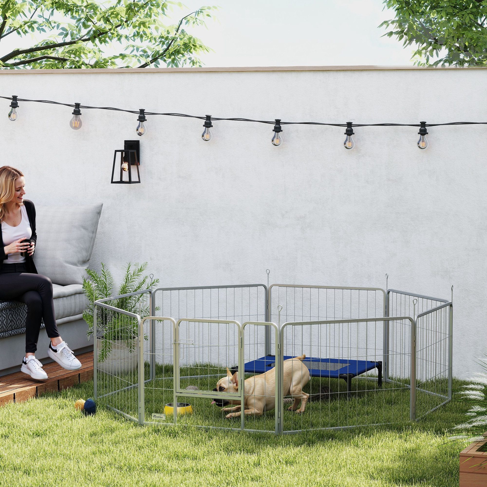 PawHut Freigehege Welpenauslauf, 8-TLG Hundelaufstall, Welpenlaufstall mit Gurt und Tür, Stahl, Silber
