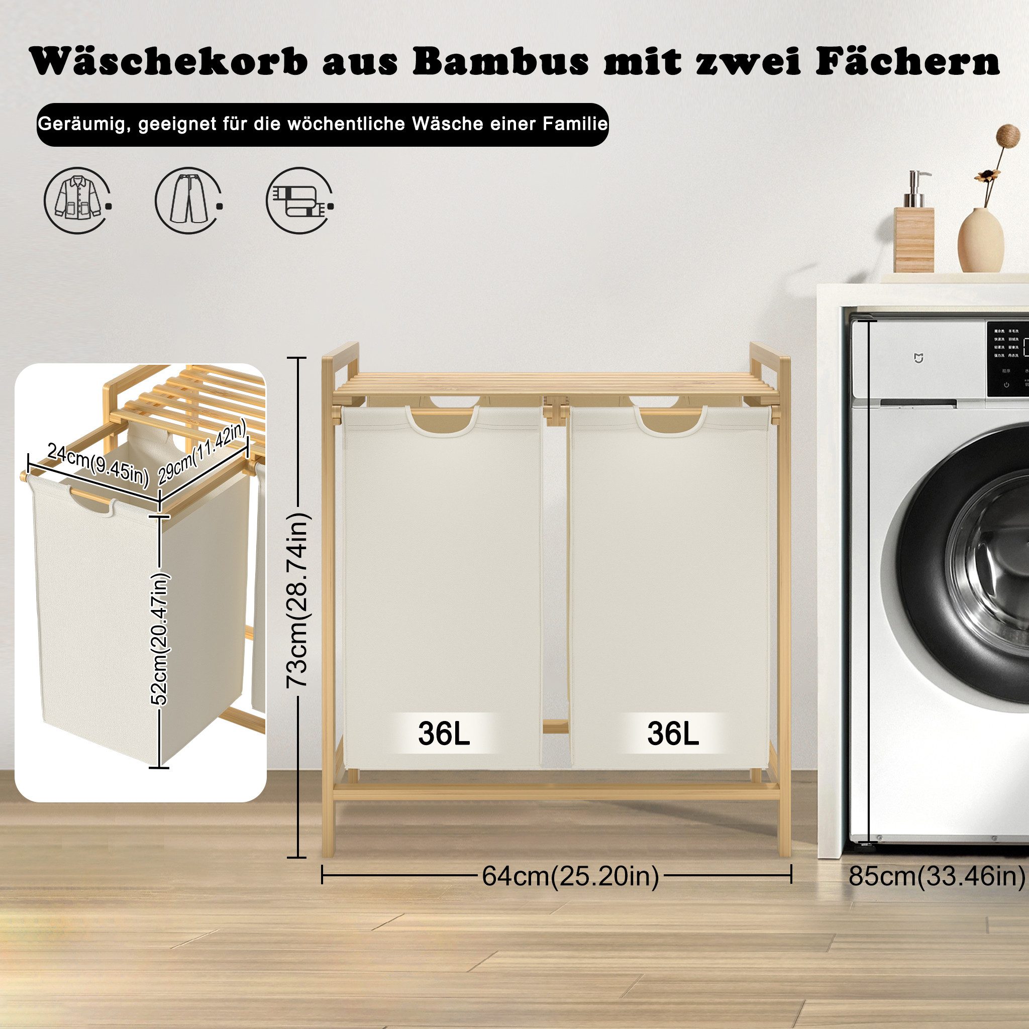 FIVMEN Wäschekorb 2 Fächer aus Bambus-Gestell Bambusrahmen 36L, Wäschesortierer mit Bambus Oberem Rega und Griffen – Bild 3 von 5