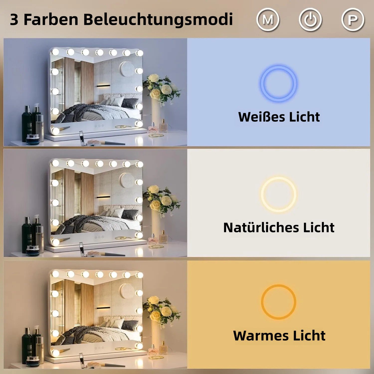 TLGREEN Schminkspiegel Hollywood Spiegel mit Licht 80x60/58x46 cm (USB- und TYPE-C-Ladeanschlüsse, Drei helle Farben), 10-fache Lupe