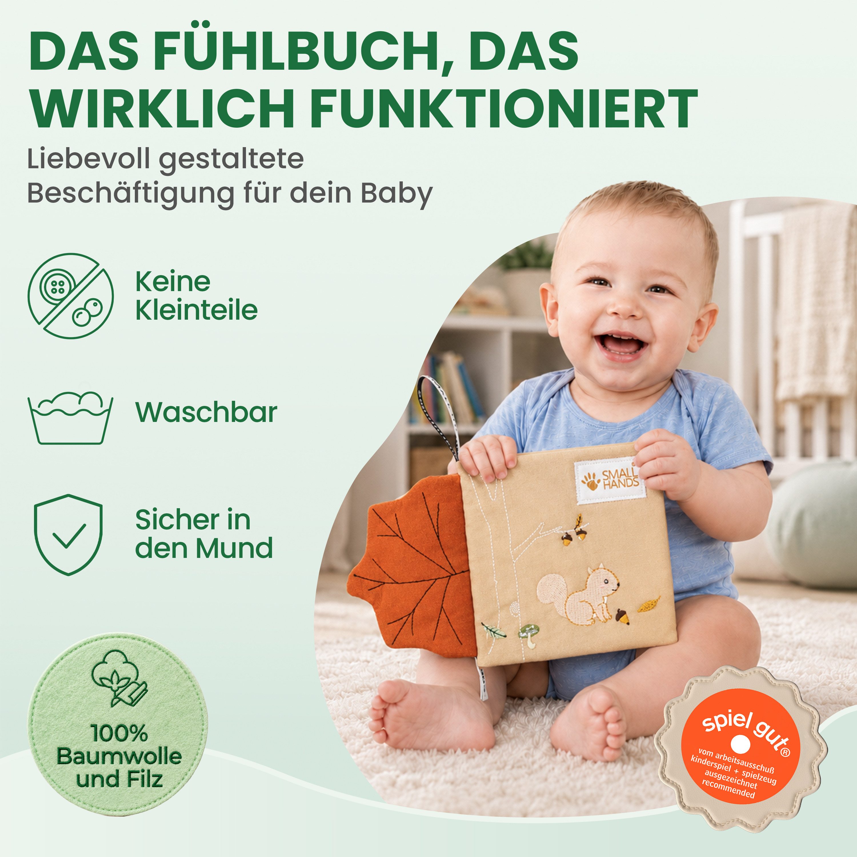 My First Book Stoffbuch Small Hands, Baby Fühlbuch, 0-12 Monate, Baby Spielzeug, Fühlbuch Stoffbuch waschbar, Montessori ab 0 Monate