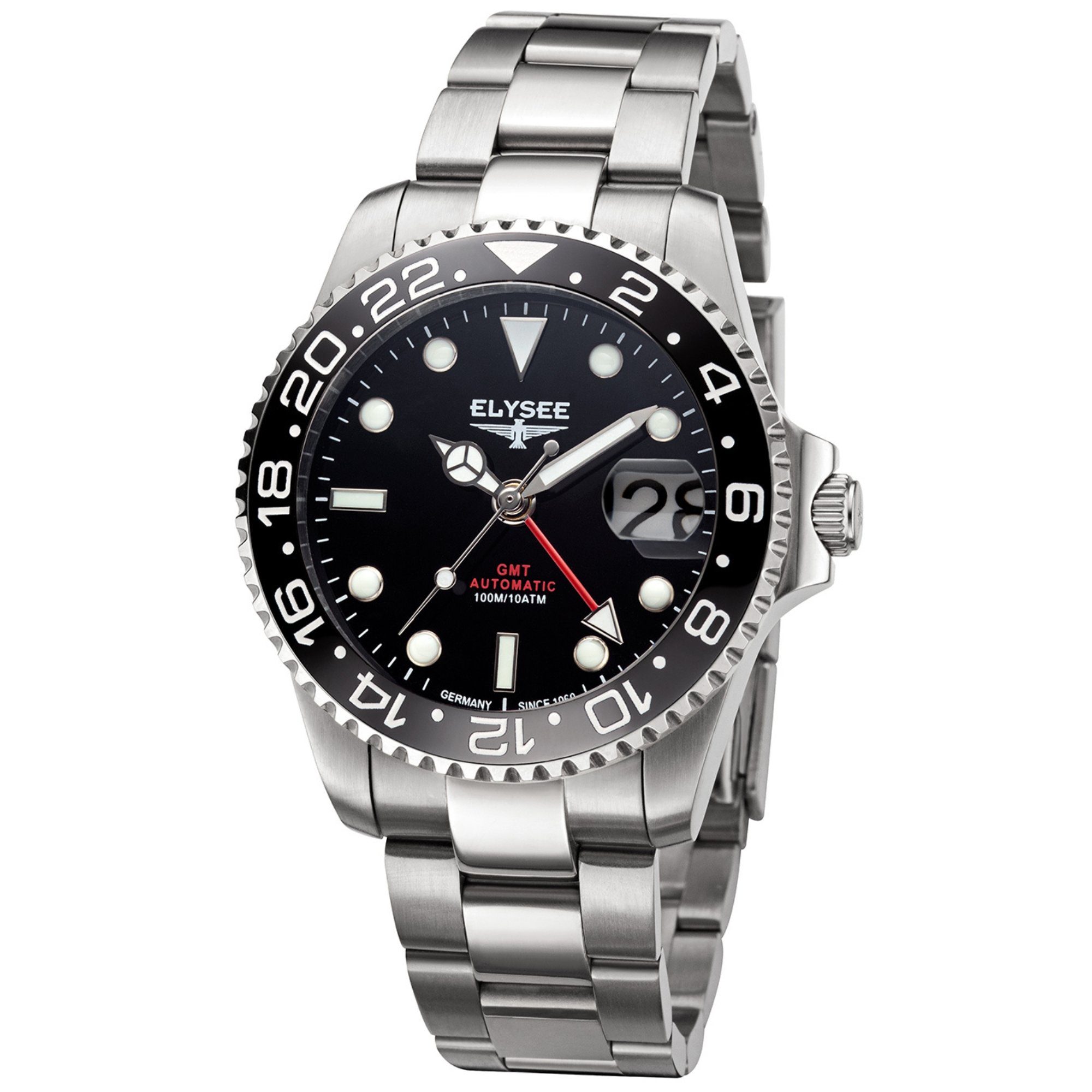 Elysee Automatikuhr GMT AUTOMATIC Herrenuhr 40,5mm Edelstahl 4-Zeiger-Uhr silber, ideal auch als Geschenk schwarz