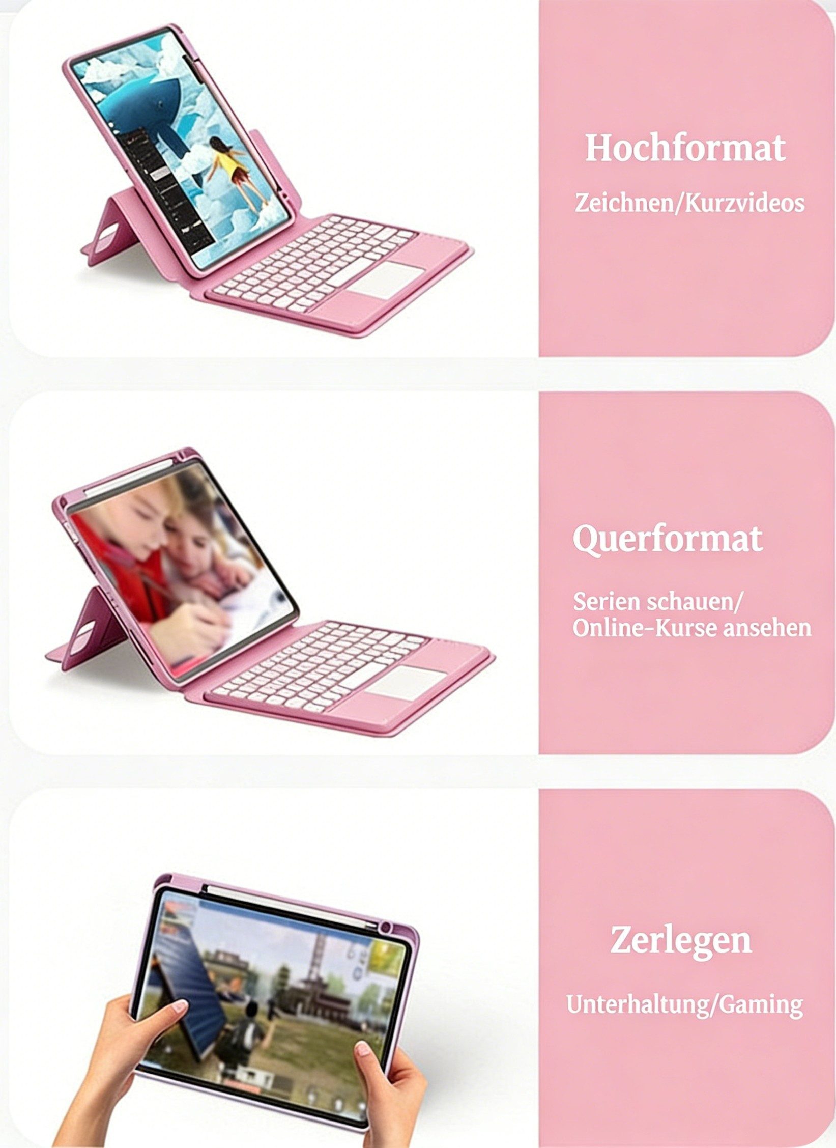 BBG Magnetische iPad Tastatur Hülle mit Touchpad, Abnehmbar iPad-Tastatur (Bluetooth QWERTZ Rundtasten, Pencil Halter)