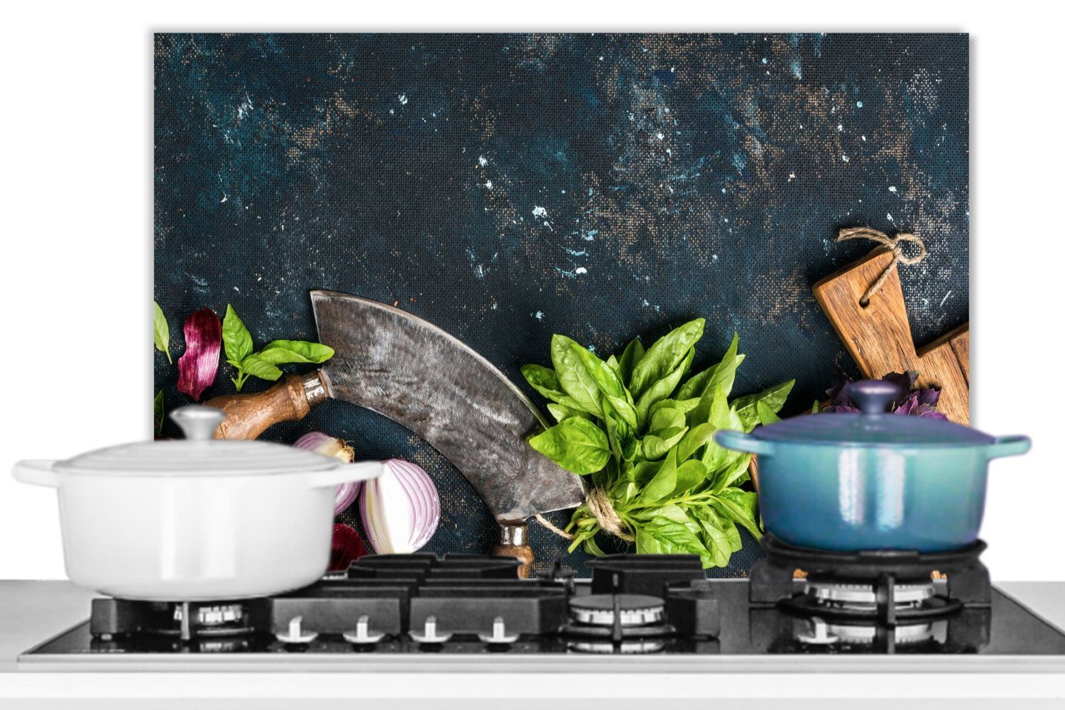 MuchoWow Gewürze Zwiebel Wiegemesser Rustikal, - Gemüse - Wandschutz, cm, küchen Küchenrückwand aus 60x40 (1-tlg), Kräuter - - Temperaturbeständig Herdblende -