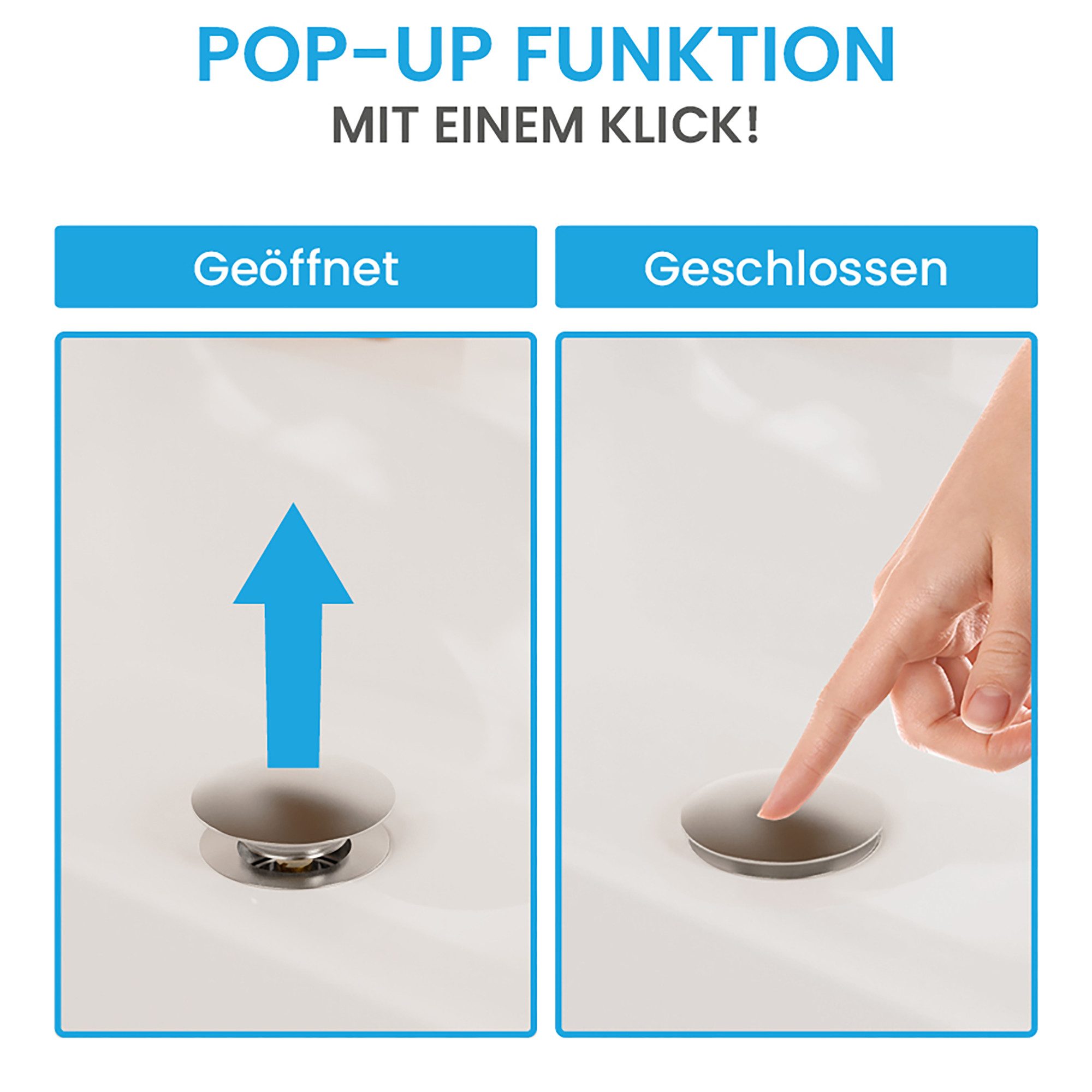 Bächlein Ablaufgarnitur Waschbeckenabfluss Pop Up (Waschbeckenstöpsel mit Überlauf) Werkzeugloser Einbau - Click Clack Funktion – Bild 2 von 5