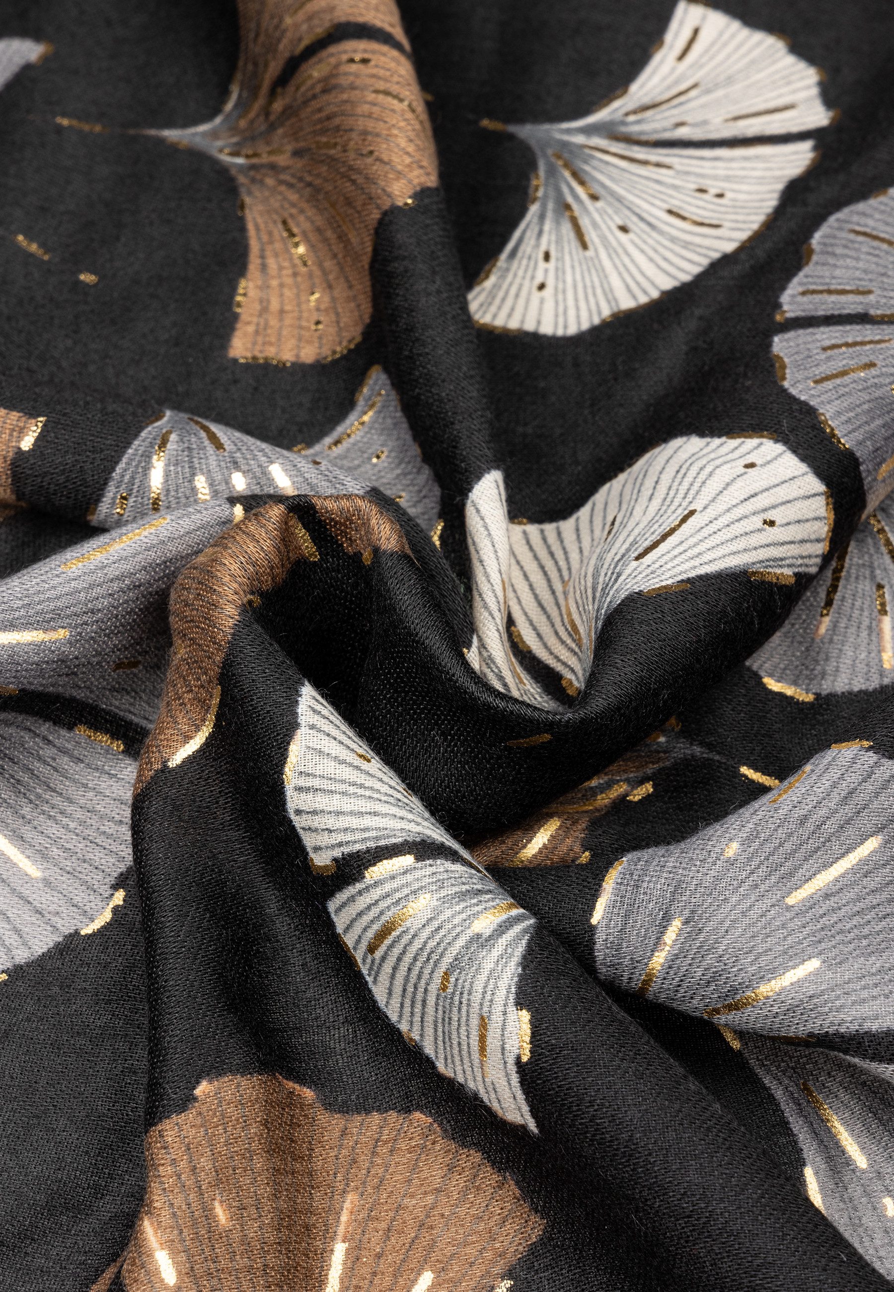 Caspar Modeschal SC516 Damen Schal mit Ginko Blatt Print und goldenen Akzenten