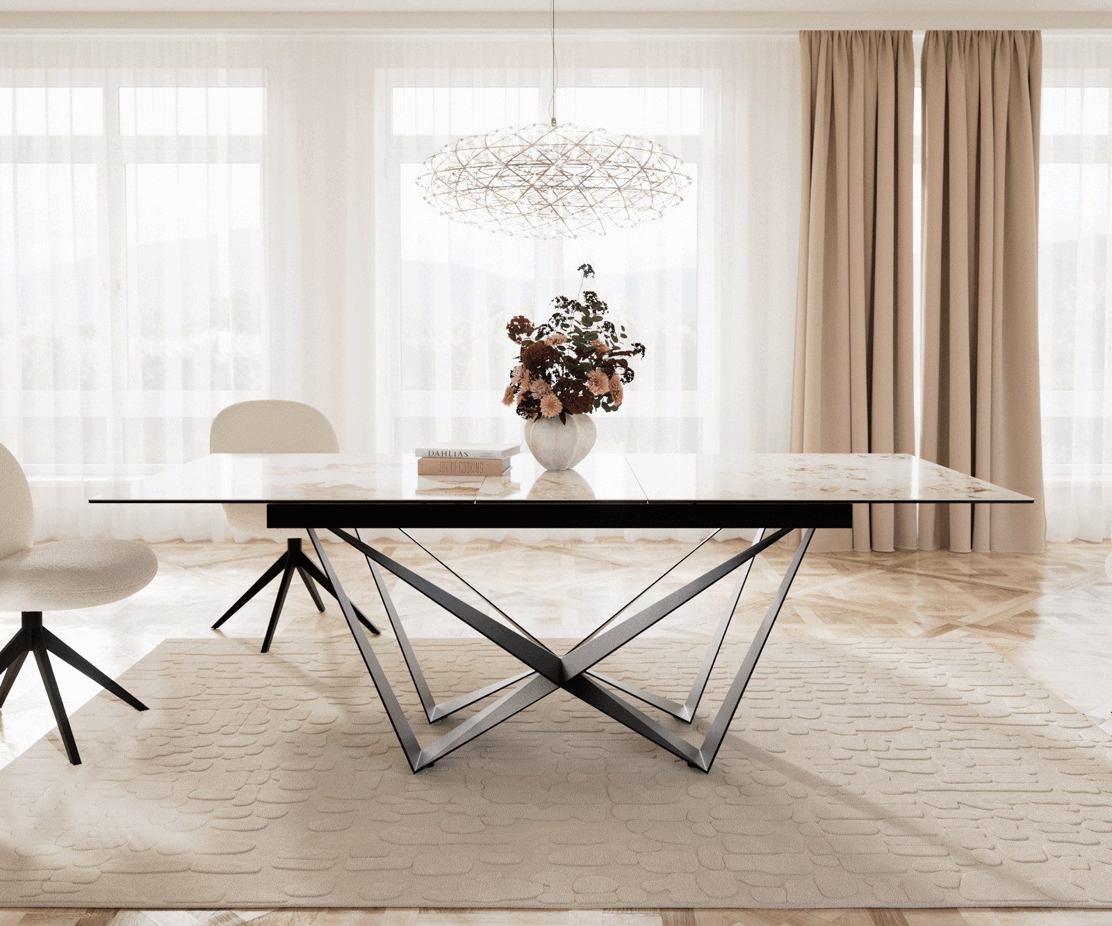 DELIFE Esstisch Edge, Keramik Minas Melange Weiß-Beige 180-220x100 Spider Flachstahl Schwarz