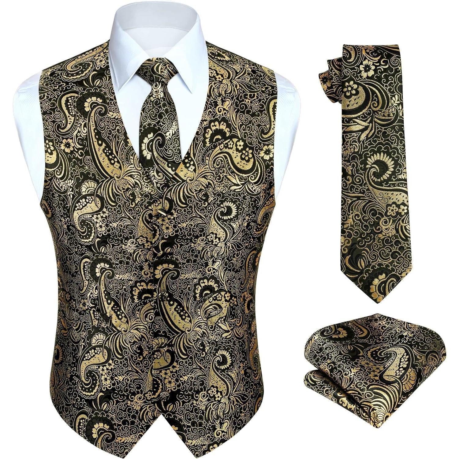LuxusKollektion Krawatte Weste Herren Hochzeit Floral Jacquard Krawatte XL Gold & Schwarz