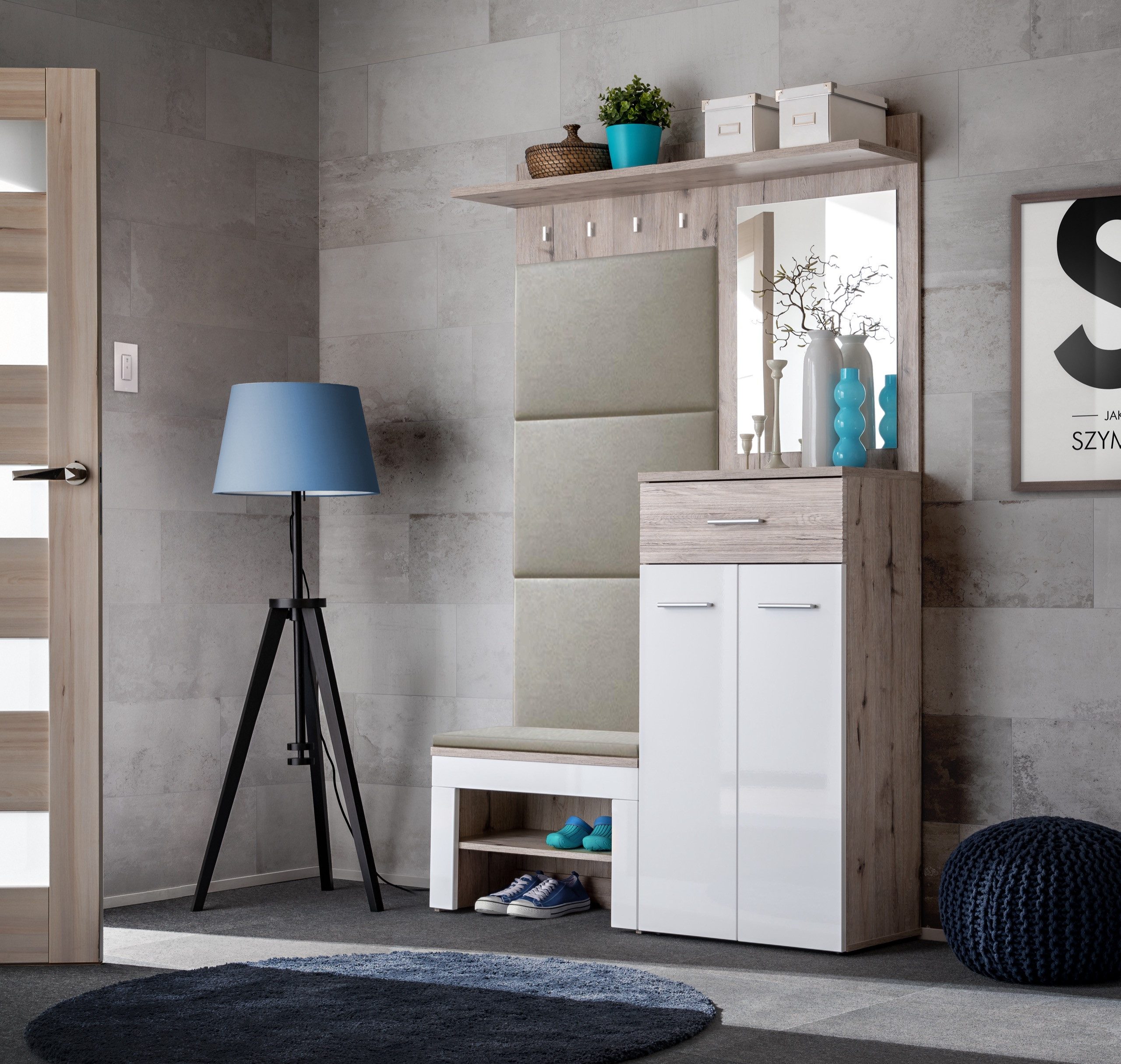 Garderoben-Set Flurgarderobe GUSTAVO VII mit Spiegel Hochglanz und Polsterung