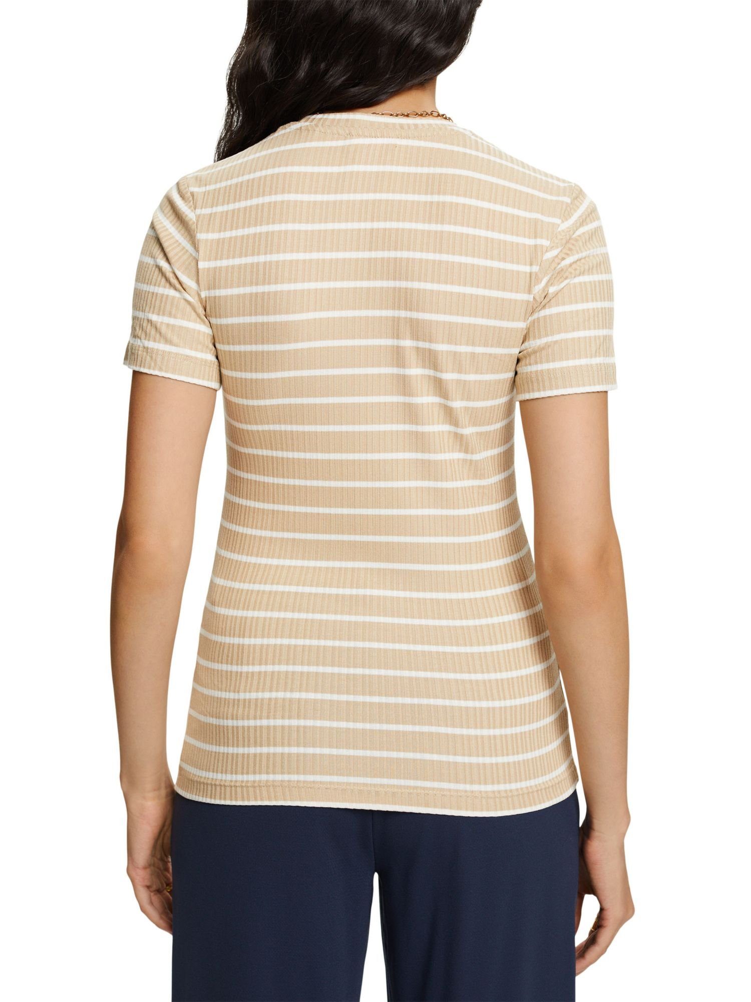 Esprit Collection Rippstrick T-Shirt gestreiftem aus (1-tlg) SAND T-Shirt