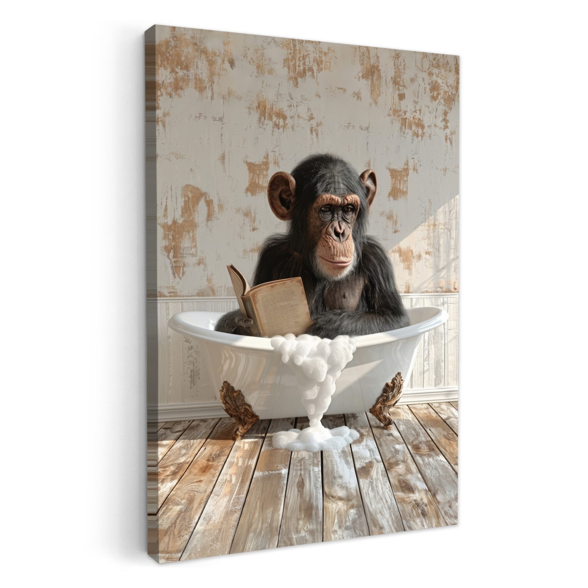 OneMillionCanvasses® Leinwandbild Vintage - Affe - Badewanne - Schaumstoff - Tier, Fotodruck (1 St), Badezimmer Deko, Изображения WC, Toilette Wanddeko 20x30 cm