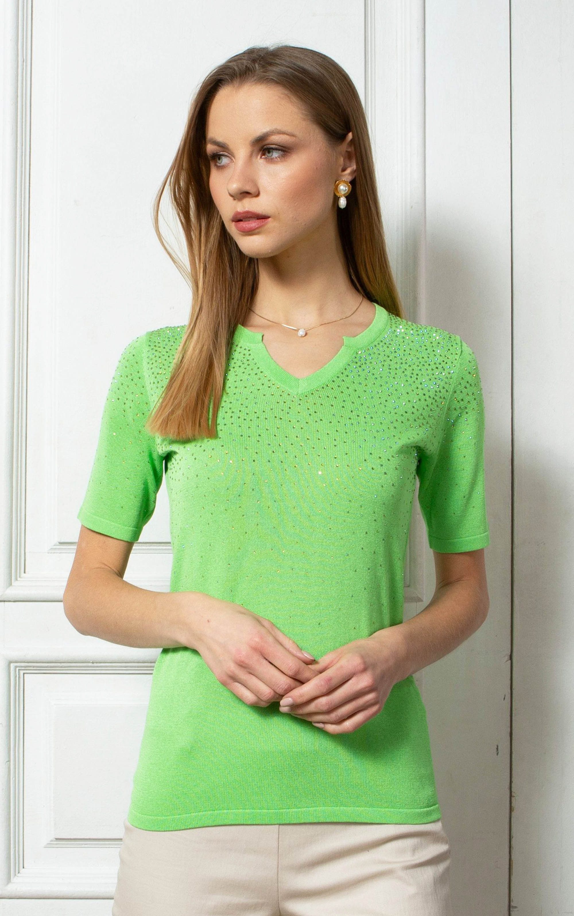 Passioni Sweater Kurzarmpullover in Grün mit Strassverzierung