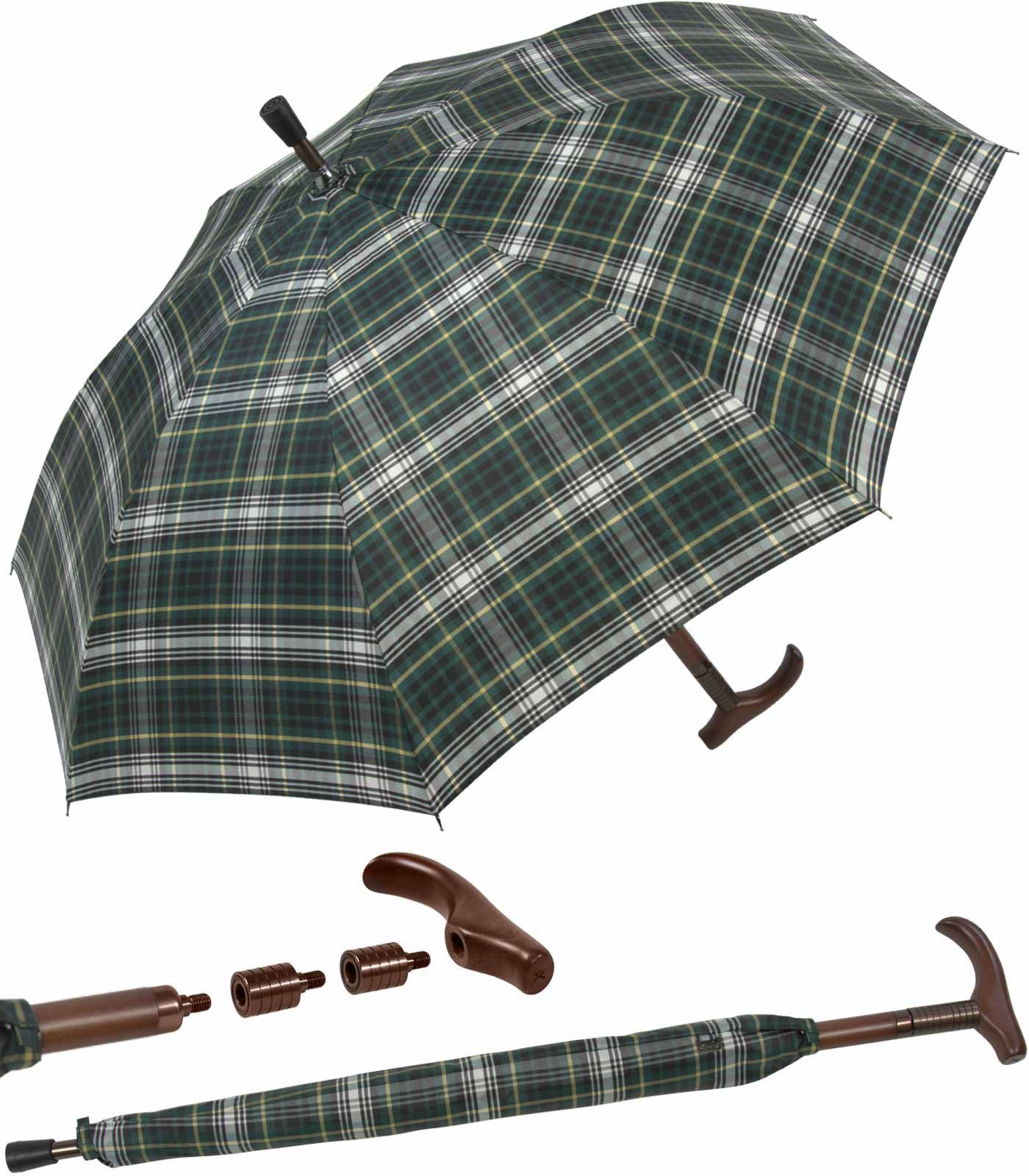 iX-brella Stockregenschirm Stützschirm Holzgriff höhenverstellbar sehr stabil, klassisch grün kariert