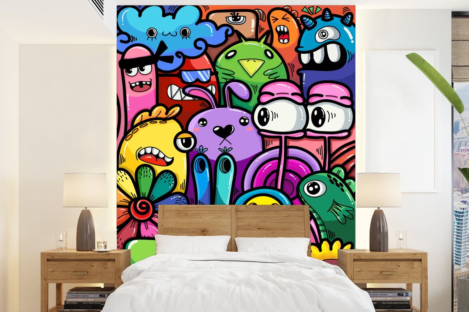 MuchoWow Fototapete Monster - Blumen - Regenbogen - Design - Lustig - Kinder, Matt, bedruckt, (4 St), Montagefertig Vinyl Tapete für Wohnzimmer, Wandtapete