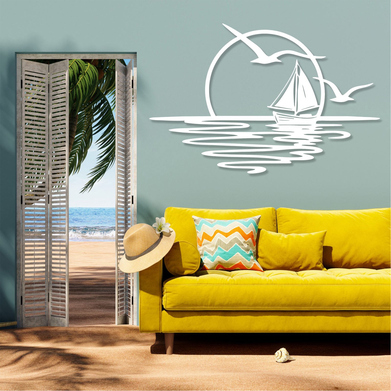 Jumpeak Wanddekoobjekt Wanddeko mit Segelbooten und Möwen,Sonnenaufgang,Sonne,Meer,Seefahrt, Metall,4 Farben,4 Maße,Wasserwellen, Strichkunst,Natürliche Atmosph – Bild 5 von 5