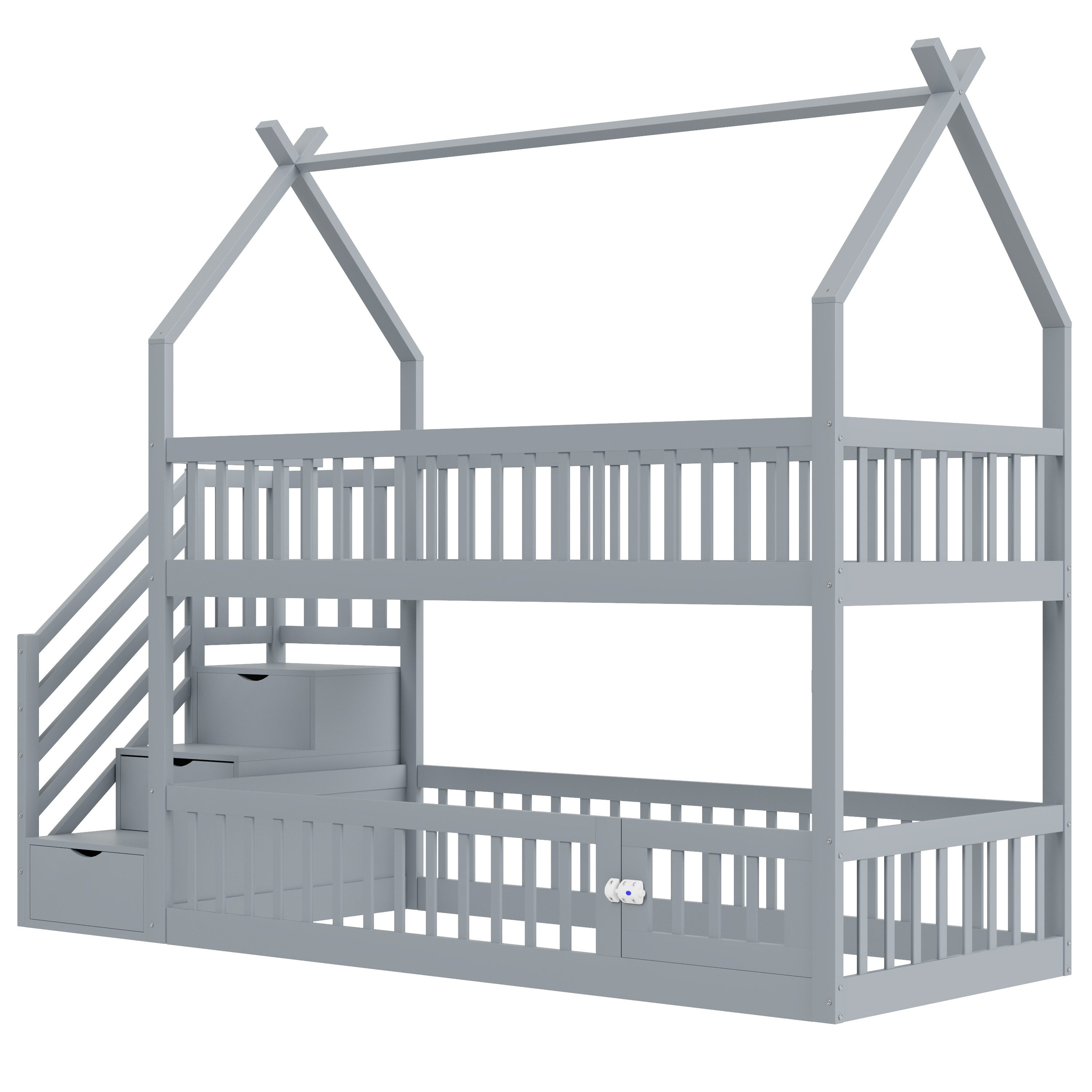 STILVORA Etagenbett mit Stauraumtreppe,90x200 Kinderbett Holzbett mit Sicherheitszaun&Dach (aus Massivholz mit Dach, Sicherheits-Treppe und Stauraumschubladen, 90x200 cm), ohne Matratze