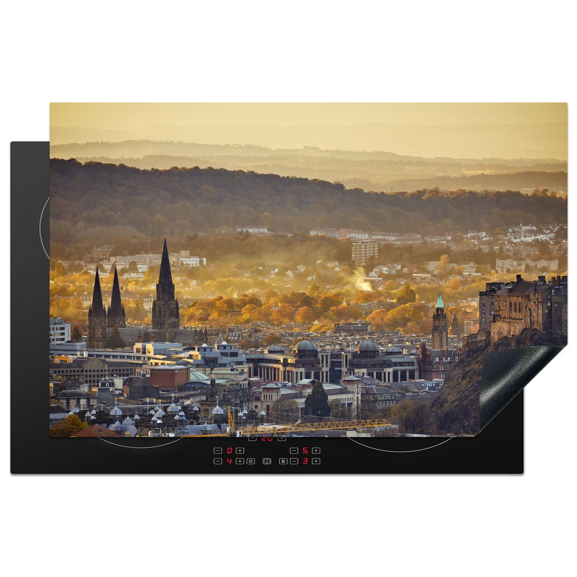 MuchoWow Herdblende-/Abdeckplatte Skyline - Gebäude - Edinburgh - Schottland, Vinyl, (1 tlg), 81x52 cm, Induktionskochfeld Schutz für die küche, Ceranfeldabdeckung