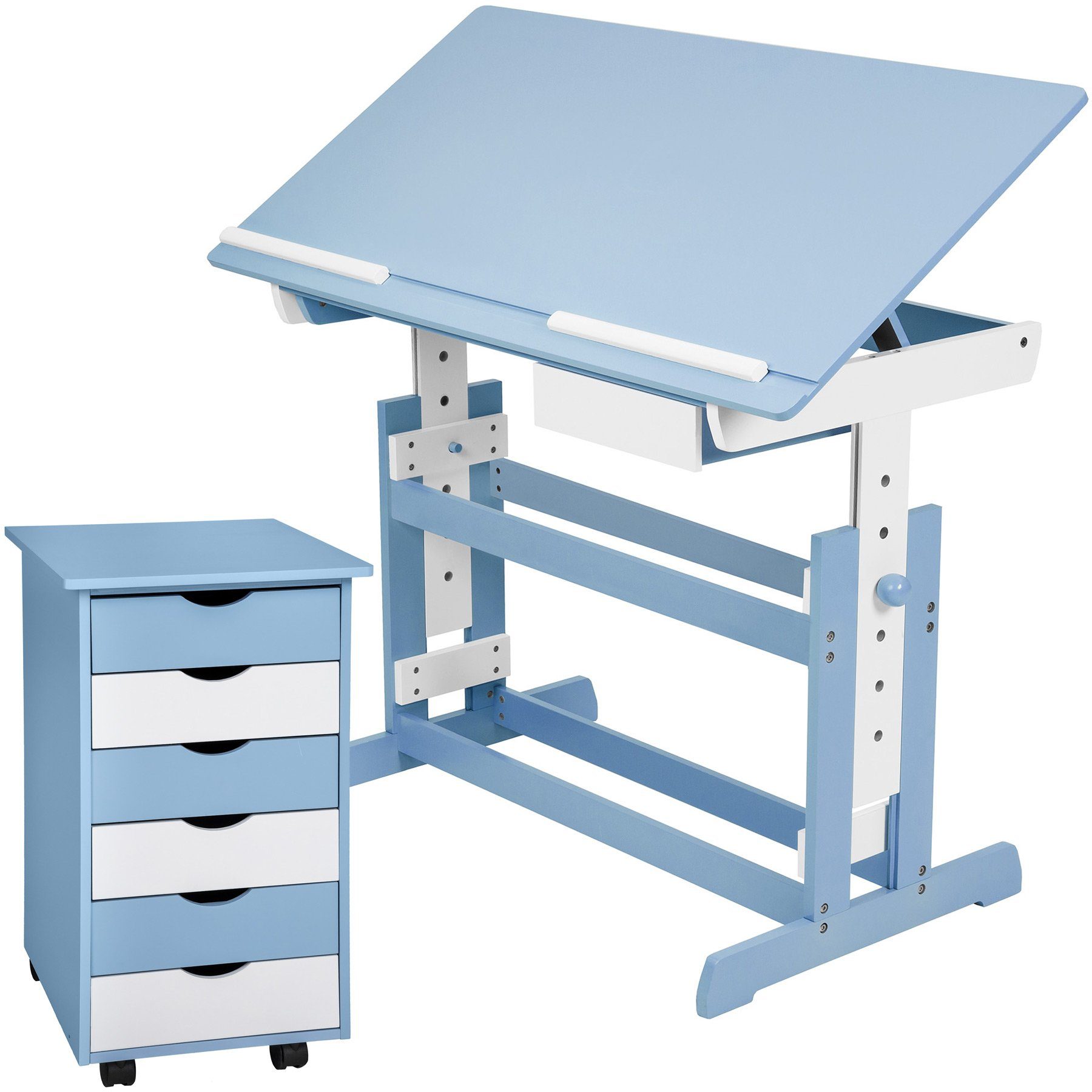 tectake Kinderschreibtisch Schreibtisch höhenverstellbar und Rollcontainer (1-St., 2 tlg) blau