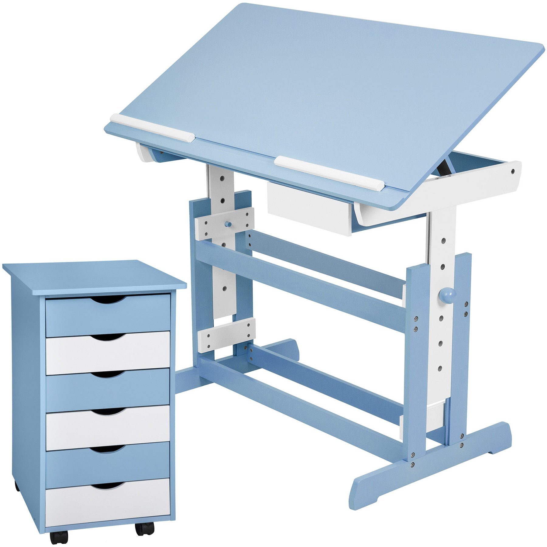 tectake Kinderschreibtisch Schreibtisch höhenverstellbar tlg) Rollcontainer blau (1-St., 2 und