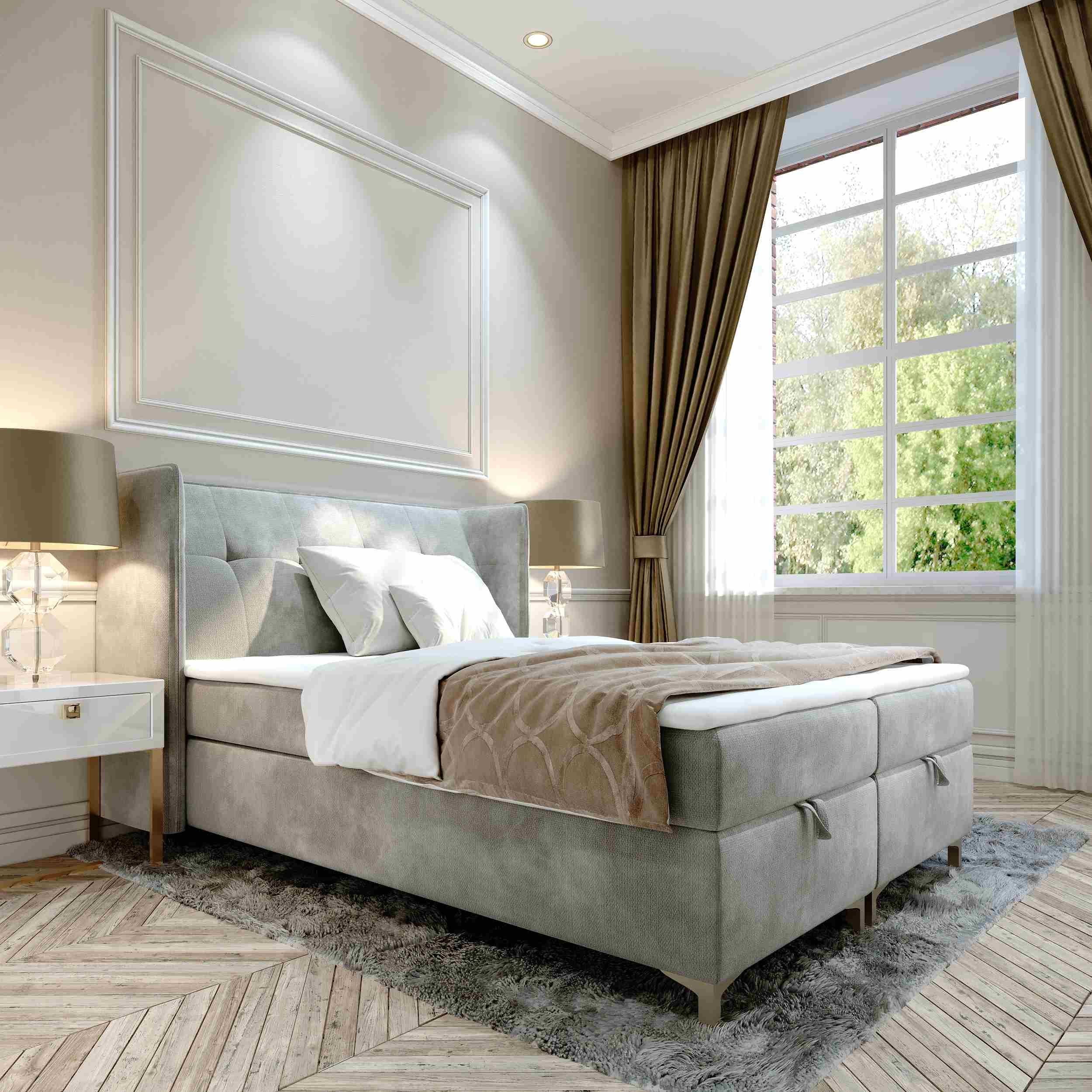 Furnix Polsterbett TOLIE 140,160, 180, 200x 200 cm Bett mit Bettkasten und Topper, wahlweise in 5 Größen und 7 Farben Grau