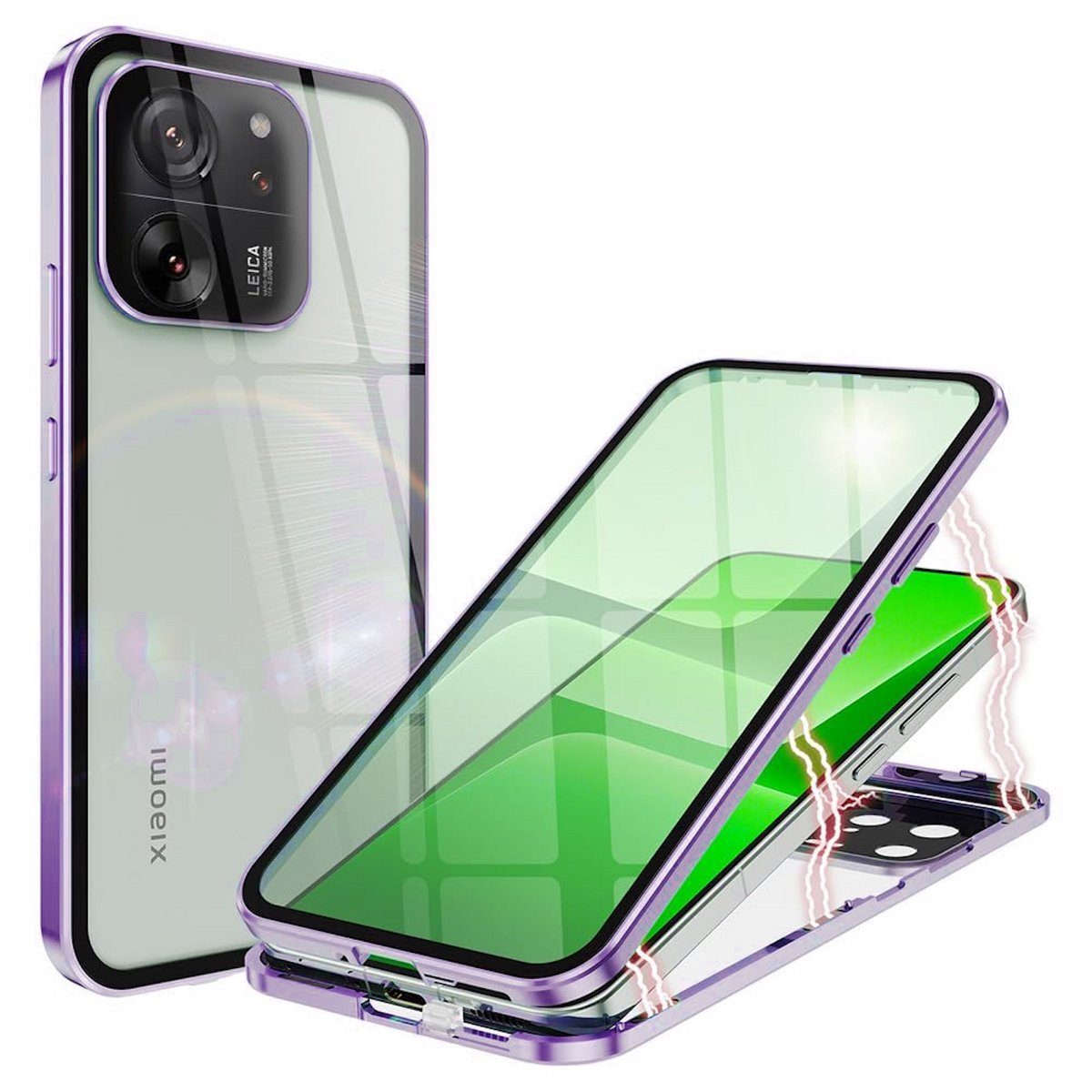 Für Samsung Galaxy S24 Ultra Beidseitiger 360 Grad Magnet Glas Hülle Handy  Tasche Bumper Lila
