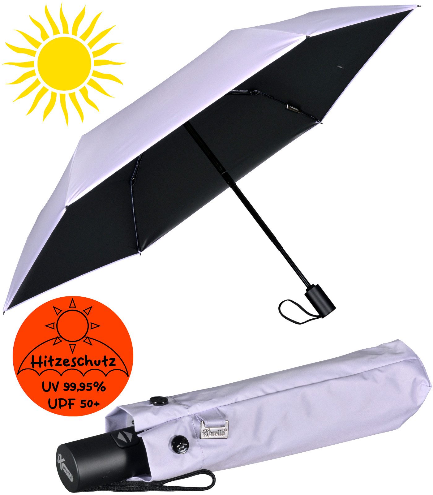 iX-brella Taschenregenschirm Sonnen-Regenschirm mit UPF 50+, UV-Hitze-Schutz, für Damen, mit Auf-Zu-Automatik, innen schwarz