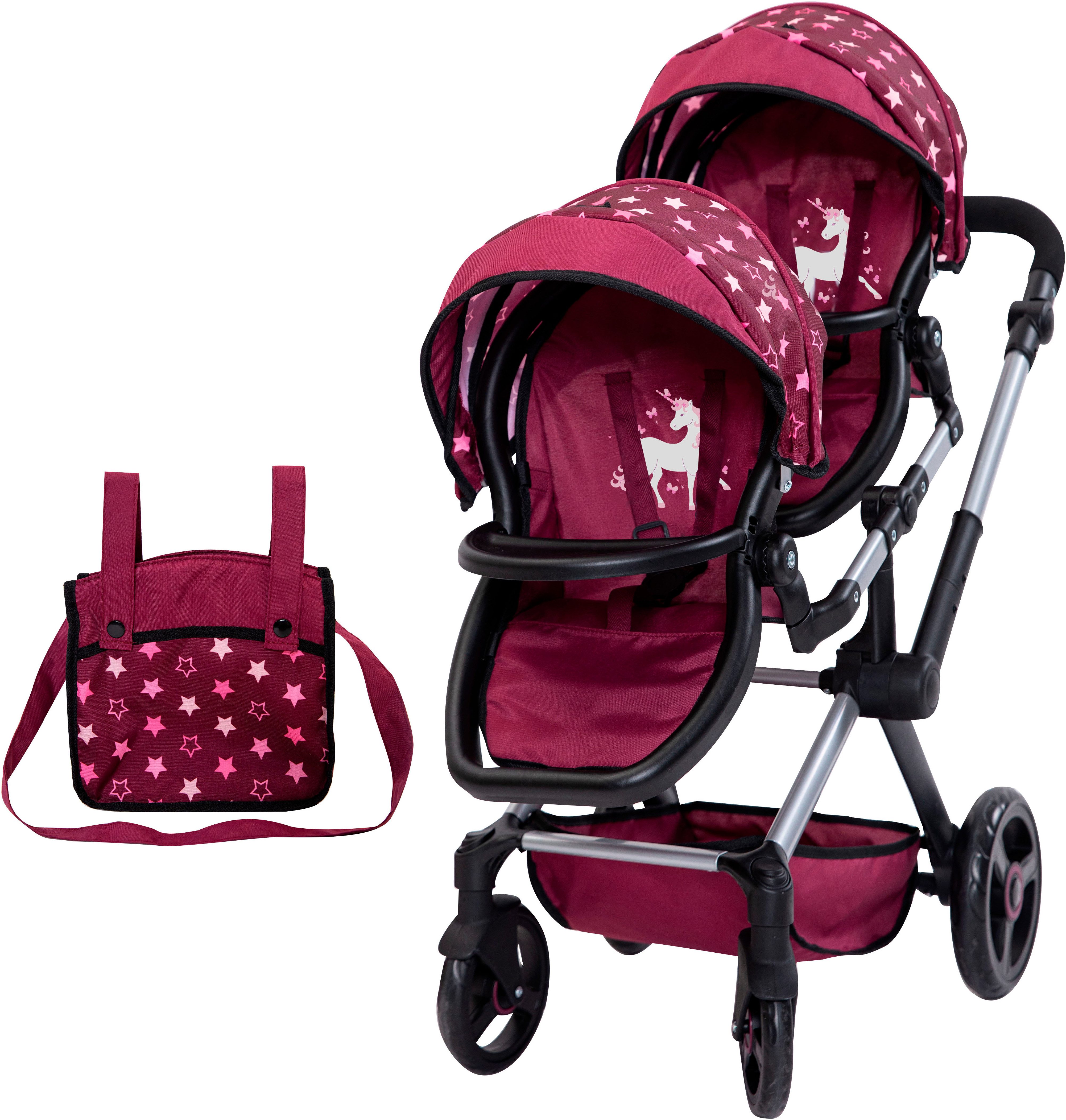 Bayer Puppen-Zwillingsbuggy Xeo Twin bordeaux, mit Wickeltasche günstig online kaufen
