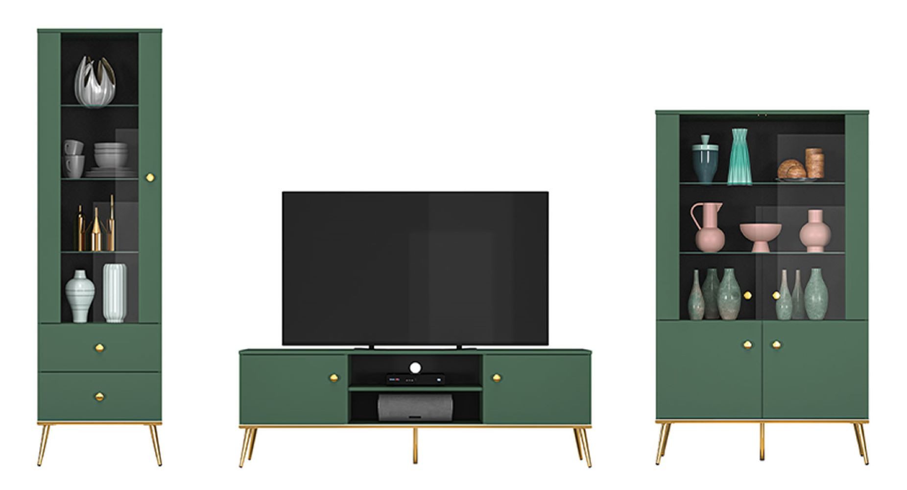Feldmann-Wohnen Wohnwand Forest, (3-St., 3-teilig), 307cm dunkelgrün / gold